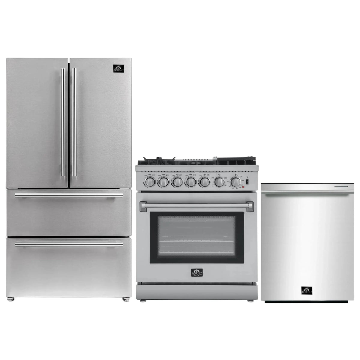 Forno 3-Piece Appliance Package - 30-Inch Dual Fuel Range with Air Fryer, French Door Refrigerator, and Dishwasher in Stainless Steel