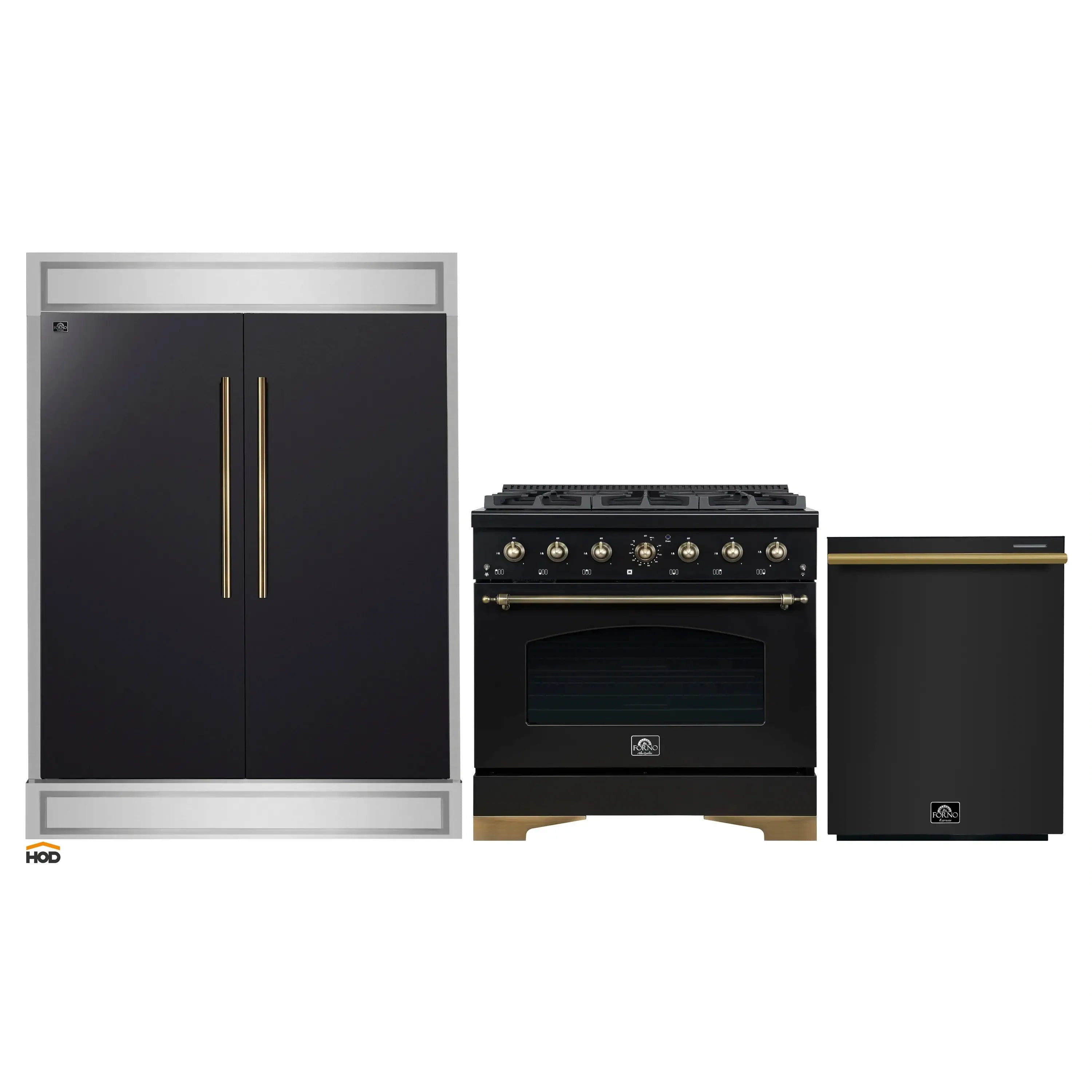 Black refrigerator, gas range, and dishwasher set with antique brass handles and knobs