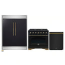 Forno 3-Piece Appliance Package - 36-Inch Gas Range, 60-Inch Convertible Refrigerator with Modern Trim, and Dishwasher in Black with Antique Brass Handle