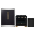 Forno 3-Piece Appliance Package - 36-Inch Gas Range, 60-Inch Convertible Refrigerator with Modern Trim, and Dishwasher in Black with Antique Brass Trim