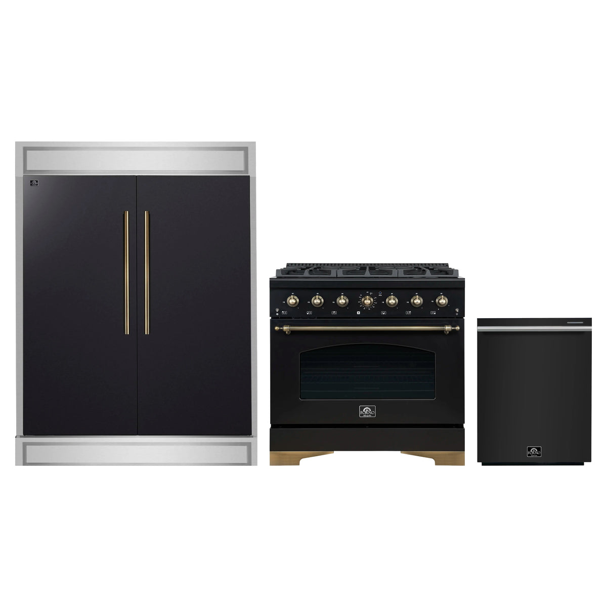 Forno 3-Piece Appliance Package - 36-Inch Gas Range, 60-Inch Convertible Refrigerator with Modern Trim, and Dishwasher in Black with Antique Brass Trim