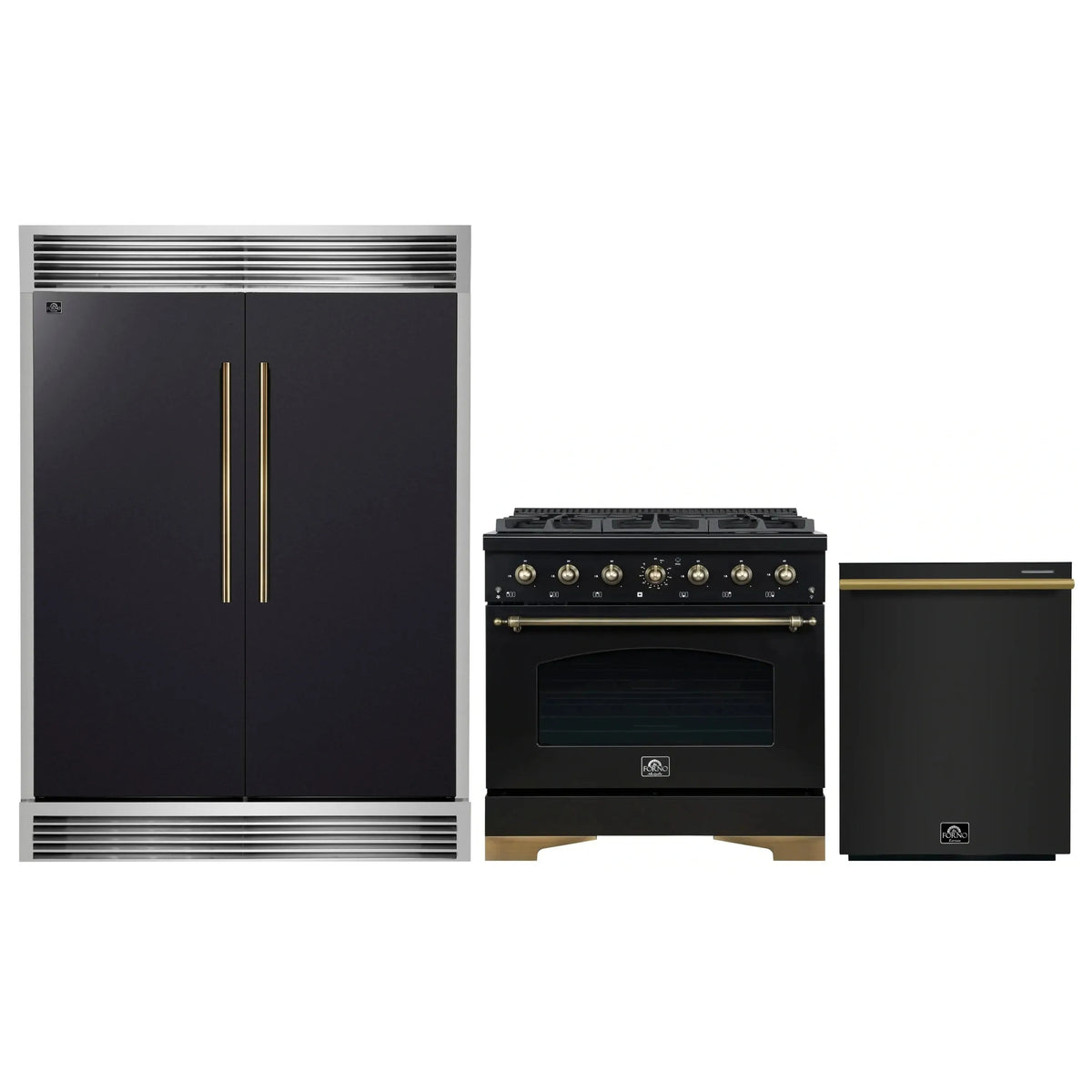 Forno 3-Piece Appliance Package - 36-Inch Gas Range, 60-Inch Convertible Refrigerator with Modern Grille Trim, and Dishwasher in Black with Antique Brass Trim
