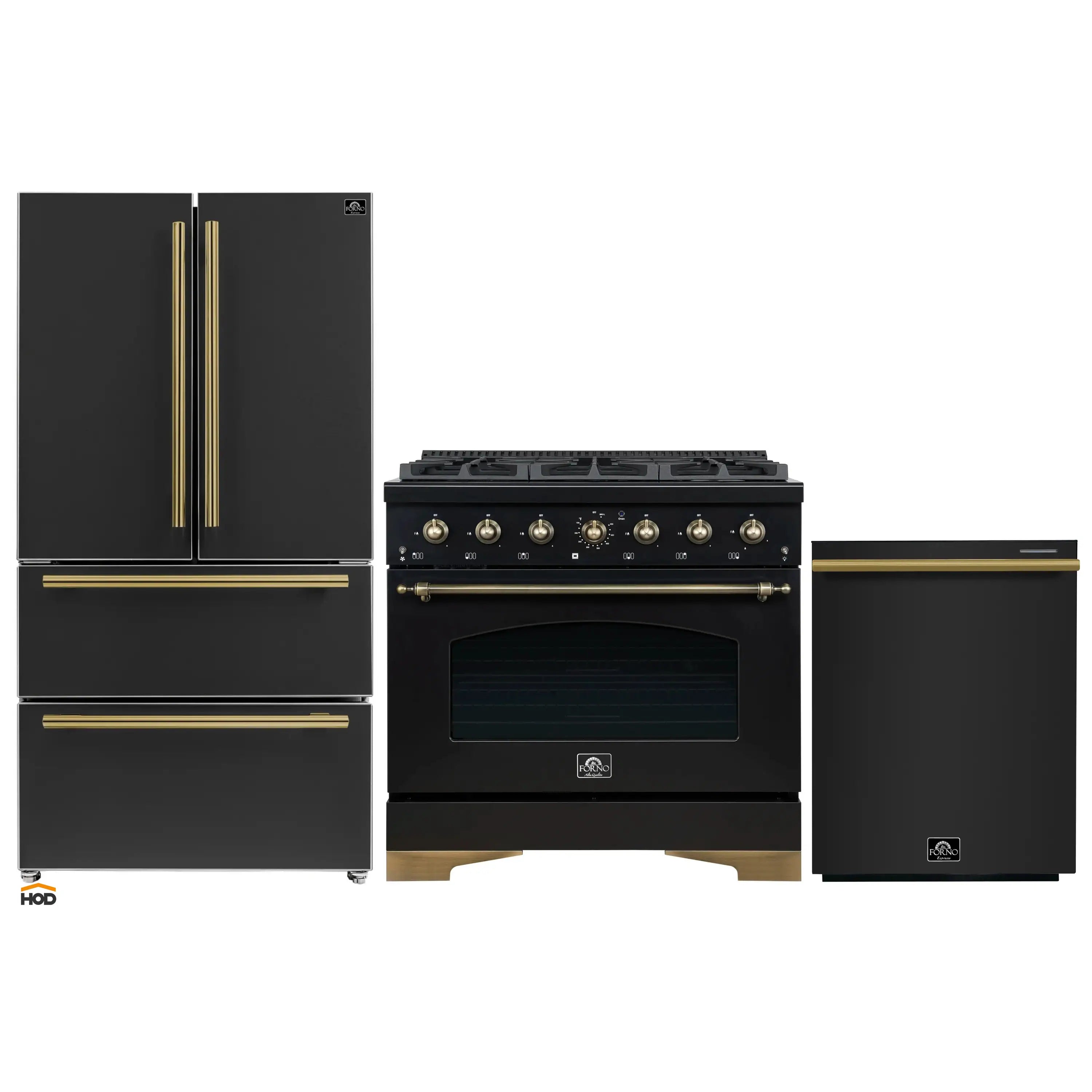 Black 3-piece appliance set: range, refrigerator, and dishwasher with brass accents