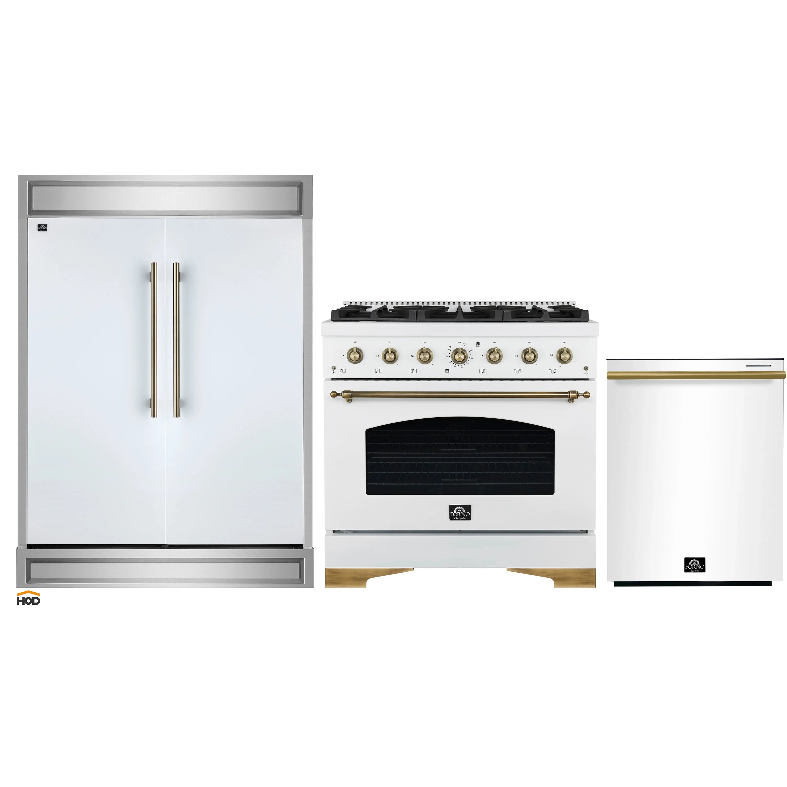 White appliance set: refrigerator, gas range, and dishwasher with antique brass handles