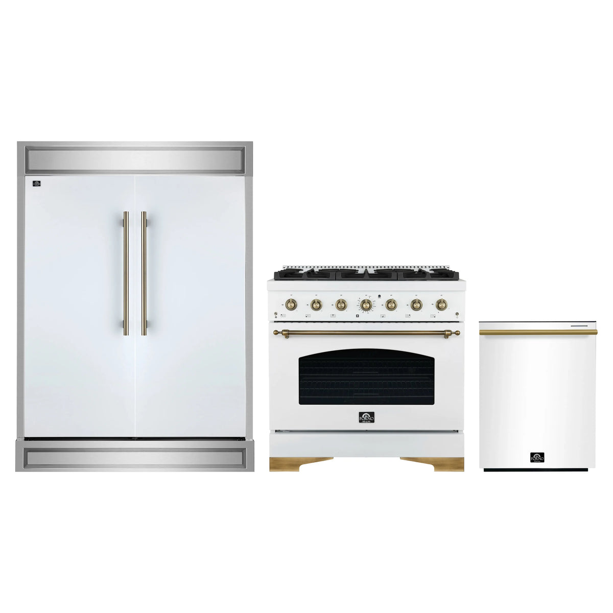 Forno 3-Piece Appliance Package - 36-Inch Gas Range, 60-Inch Refrigerator, Dishwasher in White with Antique Brass Trim