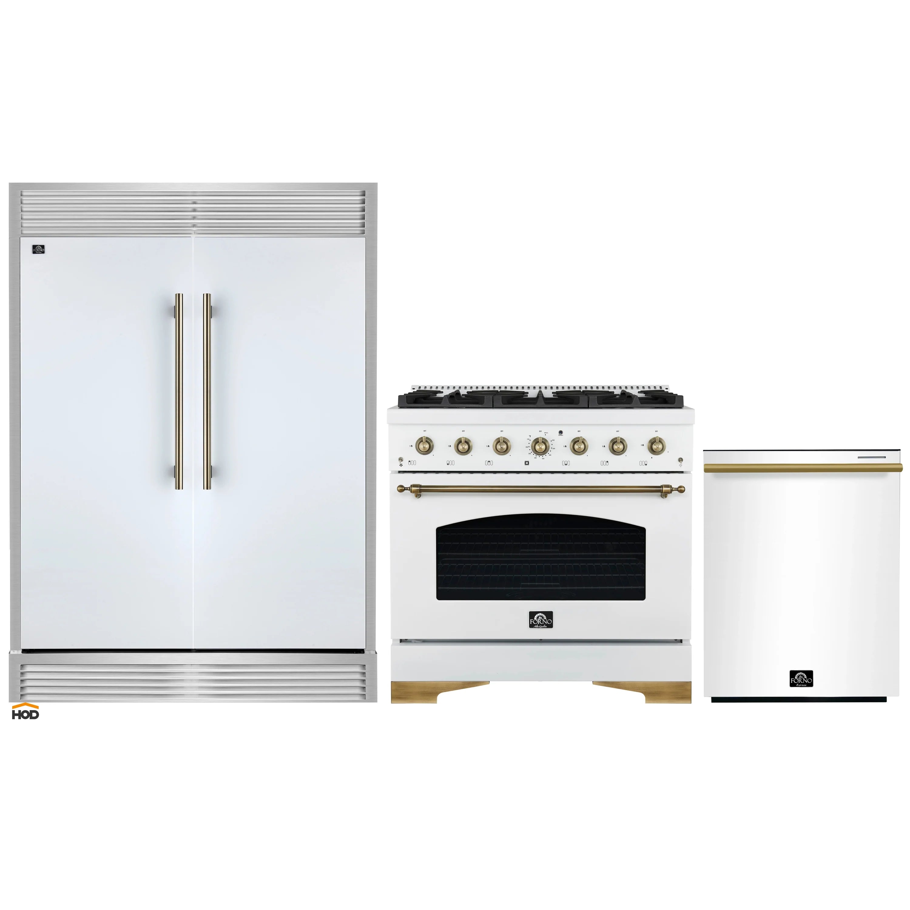 Three-piece kitchen appliance set with refrigerator, gas range, dishwasher and brass accents