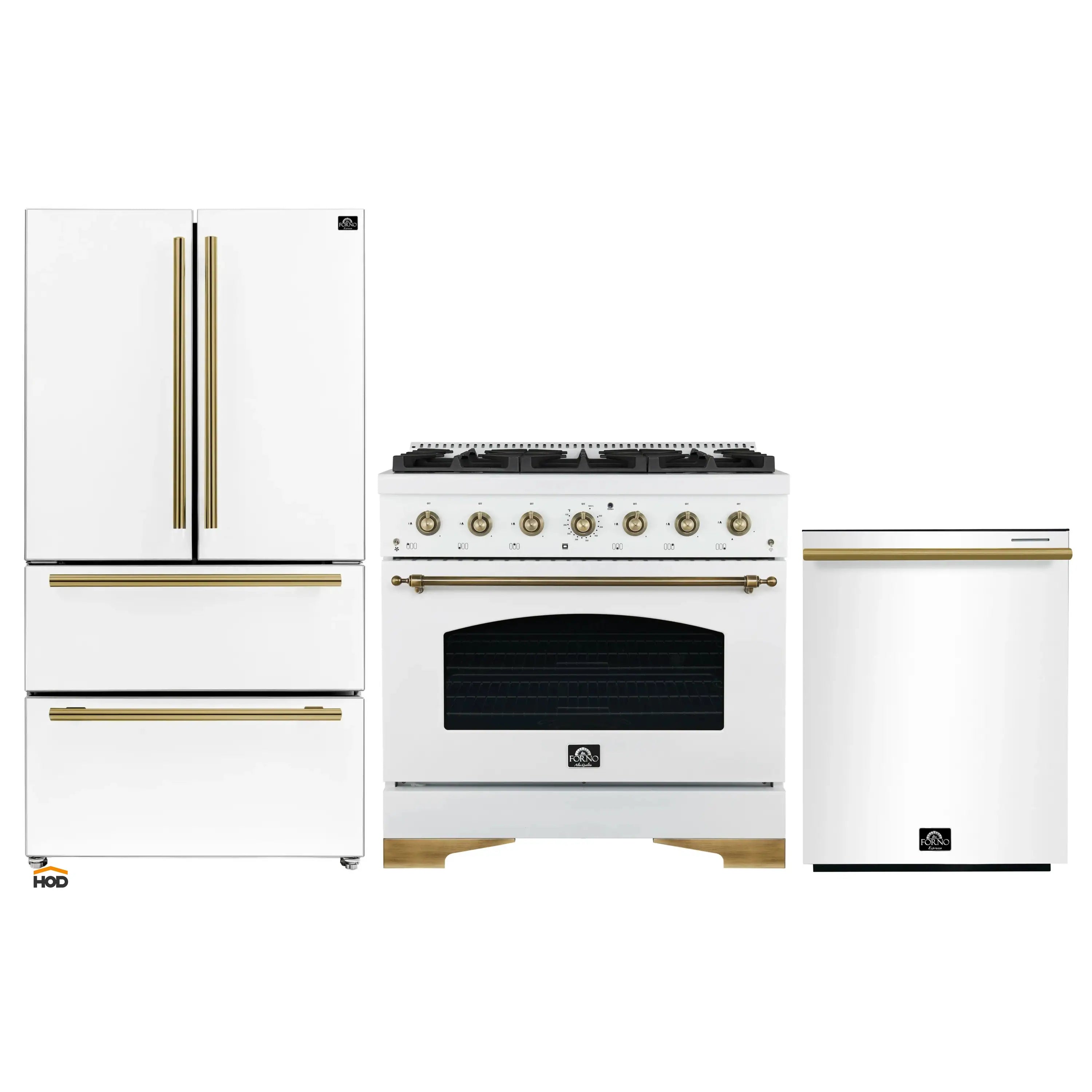 White appliance package featuring refrigerator, gas range, and dishwasher with brass trim