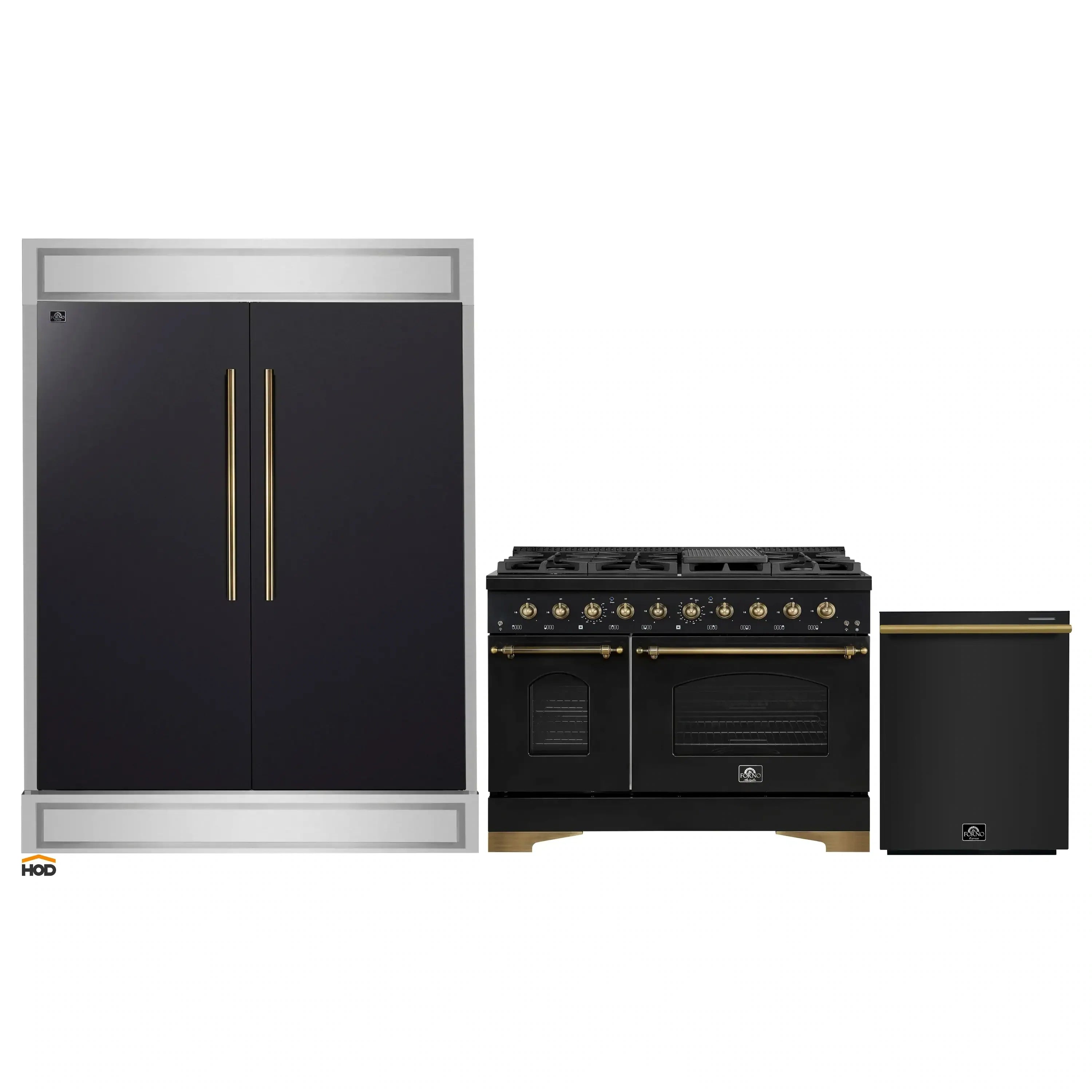 Black kitchen appliance set: refrigerator, gas range, and dishwasher with antique brass trim