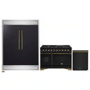 Forno 3-Piece Appliance Package - 48-Inch Gas Range, 60-Inch Convertible Refrigerator with Modern Trim, and Dishwasher in Black with Antique Brass Handle