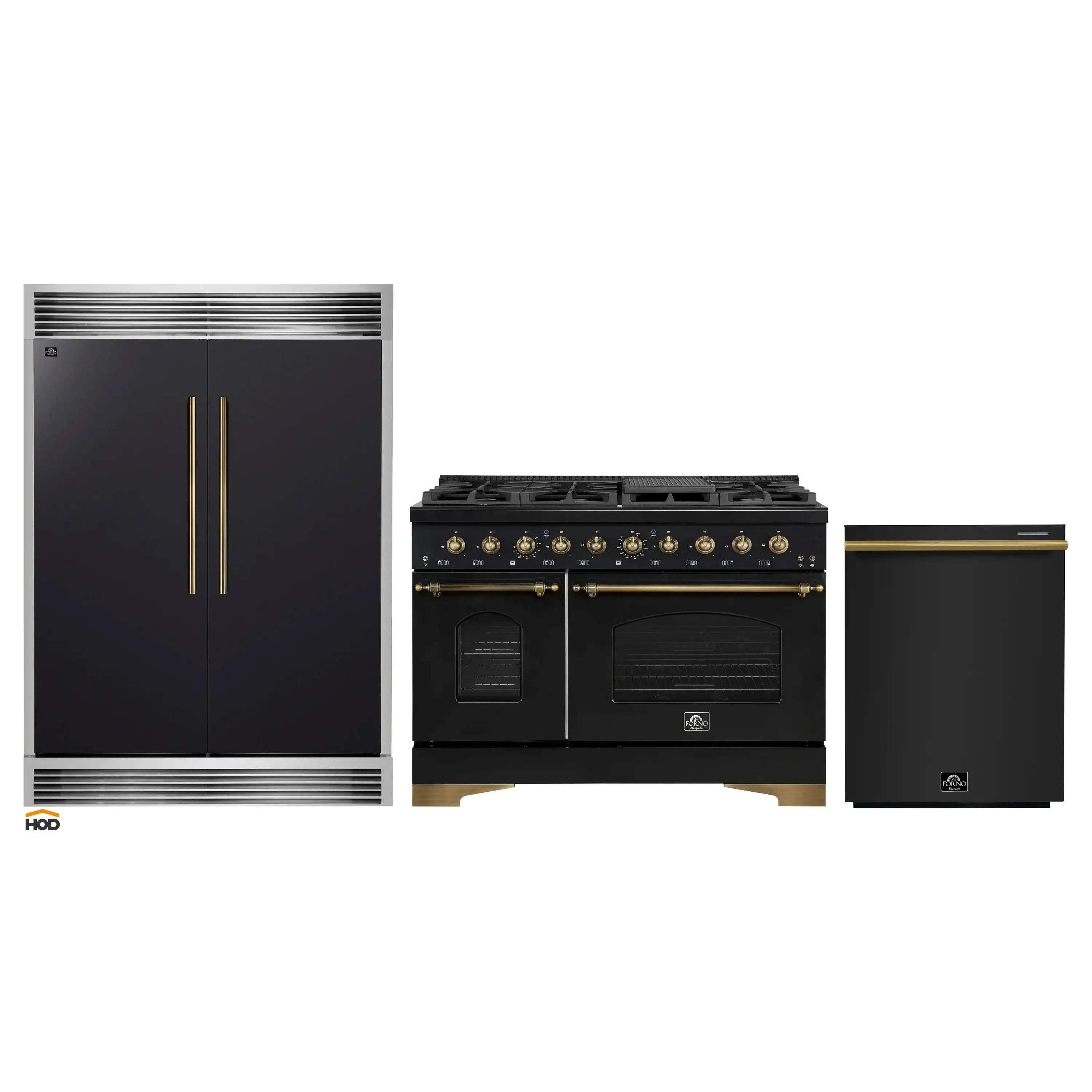 Black 48-in gas range with antique brass accents and black dishwasher with brass handle