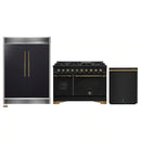 Forno 3-Piece Appliance Package - 48-Inch Gas Range, 60-Inch Convertible Refrigerator with Modern Grille Trim, and Dishwasher in Black with Antique Brass Handle