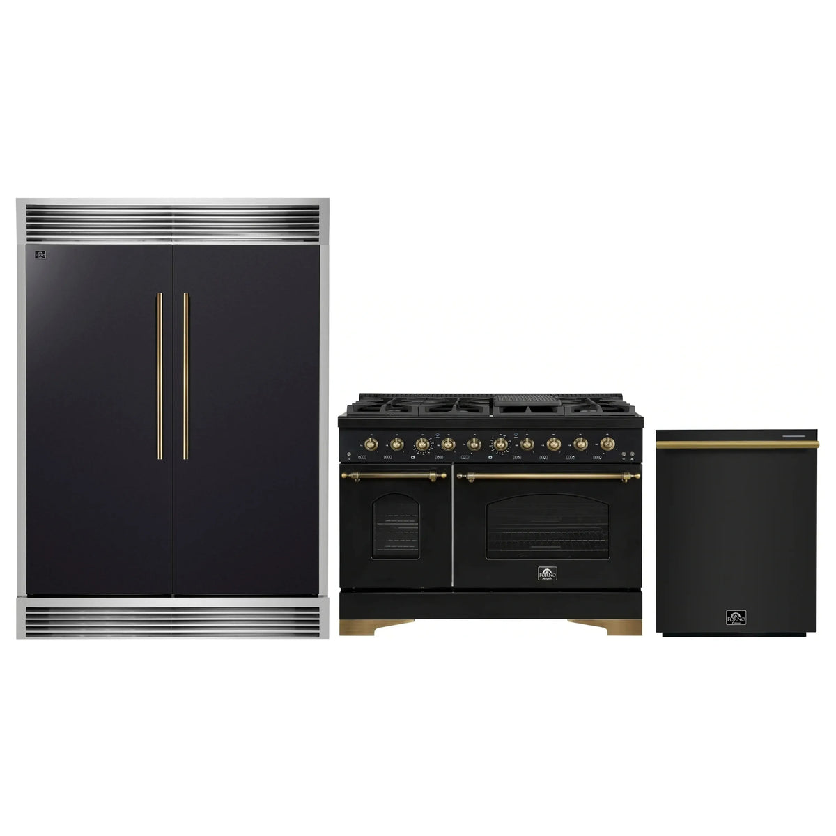 Forno 3-Piece Appliance Package - 48-Inch Gas Range, 60-Inch Convertible Refrigerator with Modern Grille Trim, and Dishwasher in Black with Antique Brass Trim