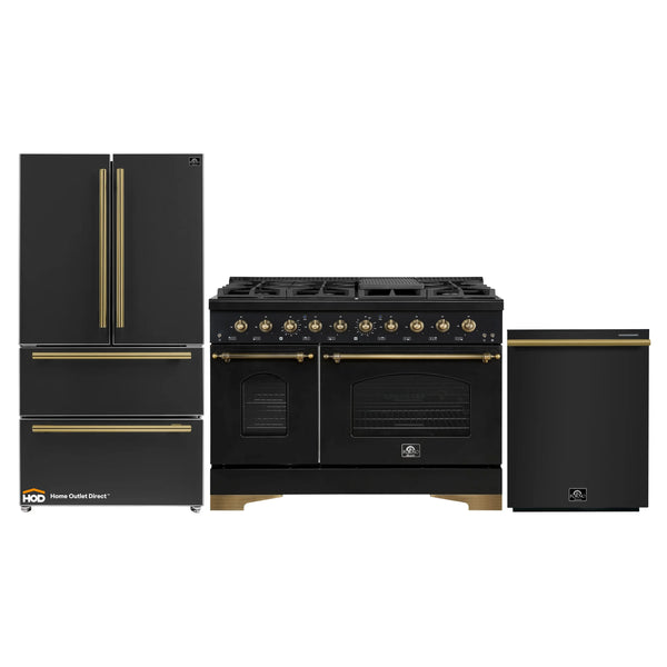 Forno Antico 3-Piece Appliance Package - 48-Inch Gas Range, 36-Inch Refrigerator, & 24-Inch Dishwasher in Black with Antique Brass Trim