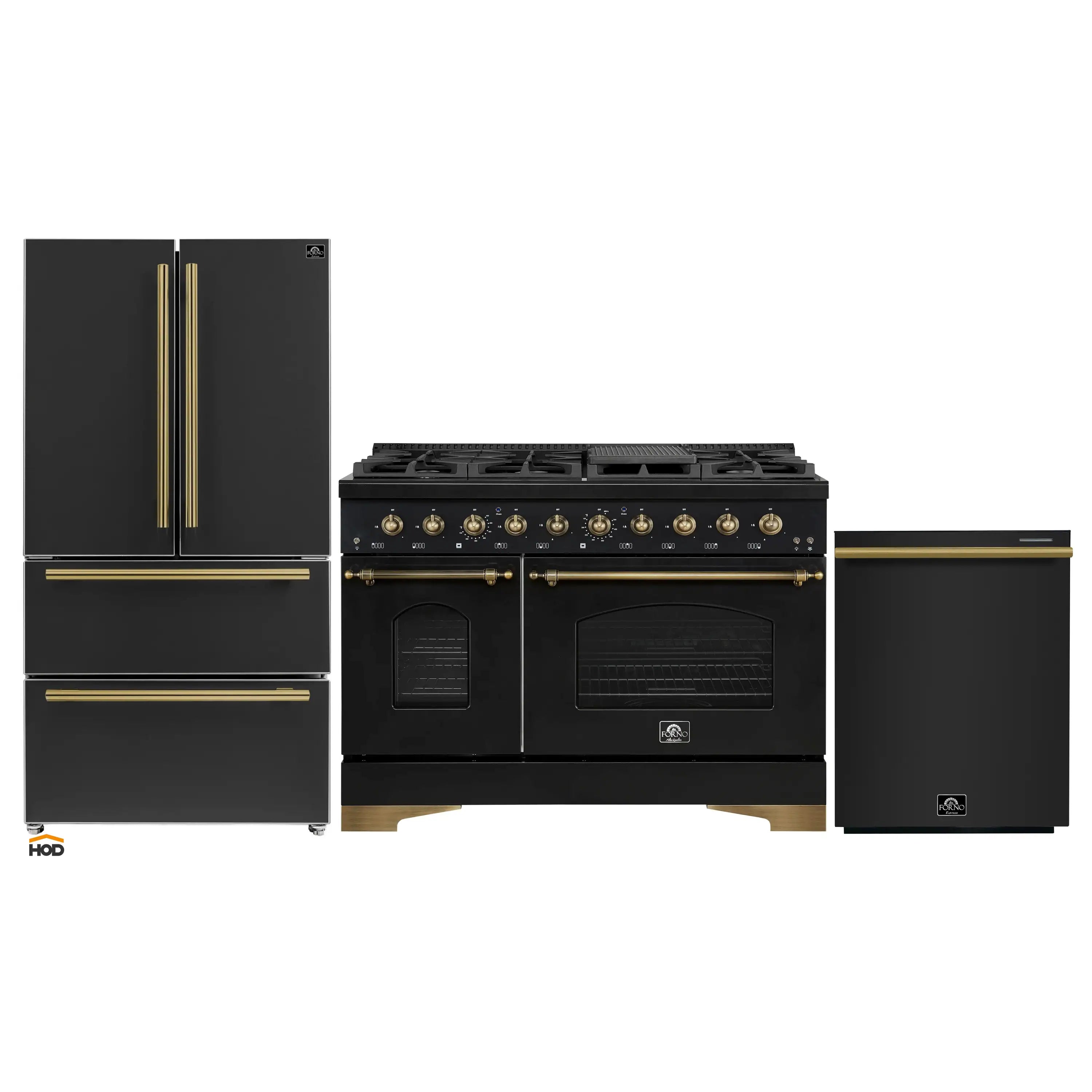 Three-piece black appliance package: gas range, refrigerator, and dishwasher with brass accents
