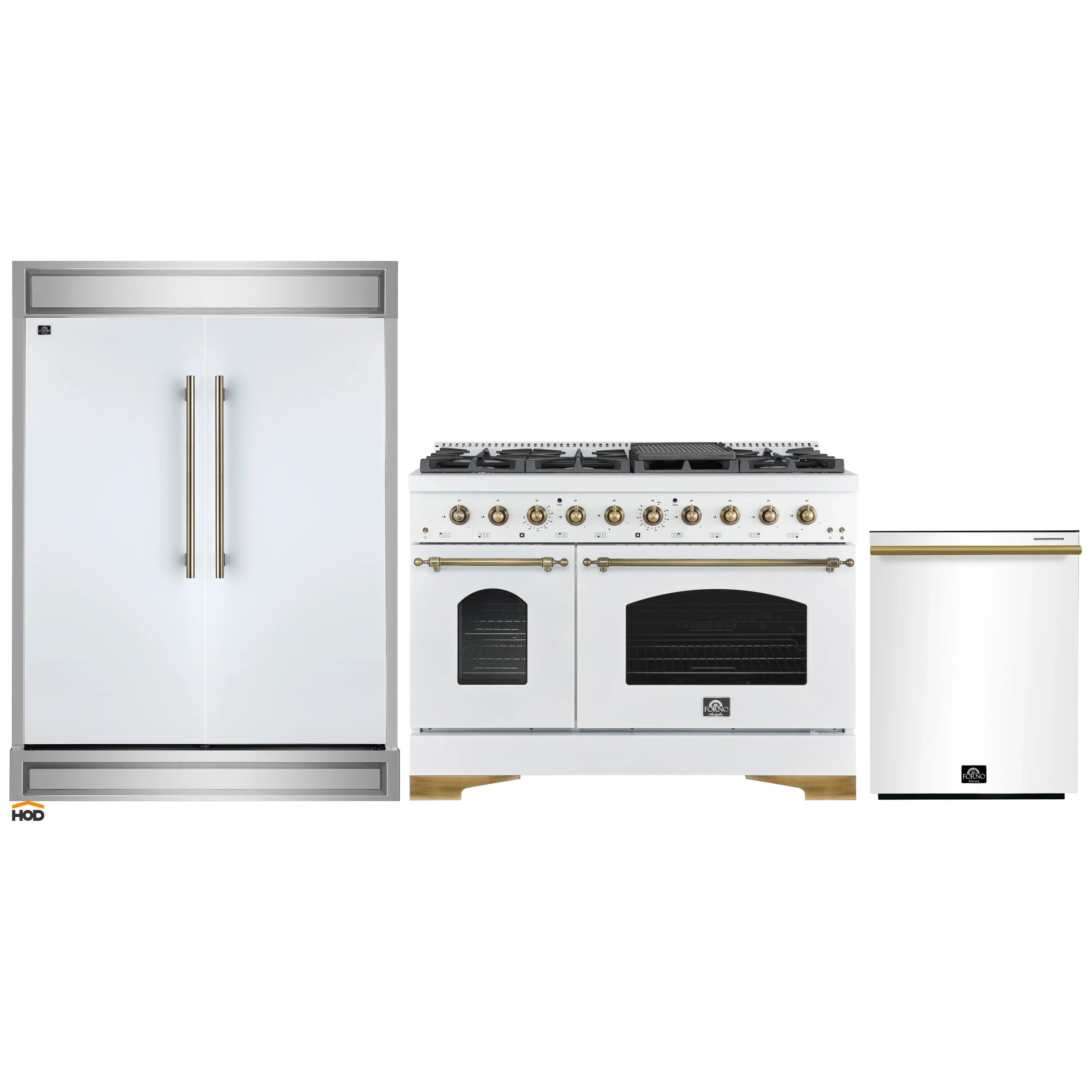 Kitchen appliance package: white refrigerator, gas range, and dishwasher with brass handles