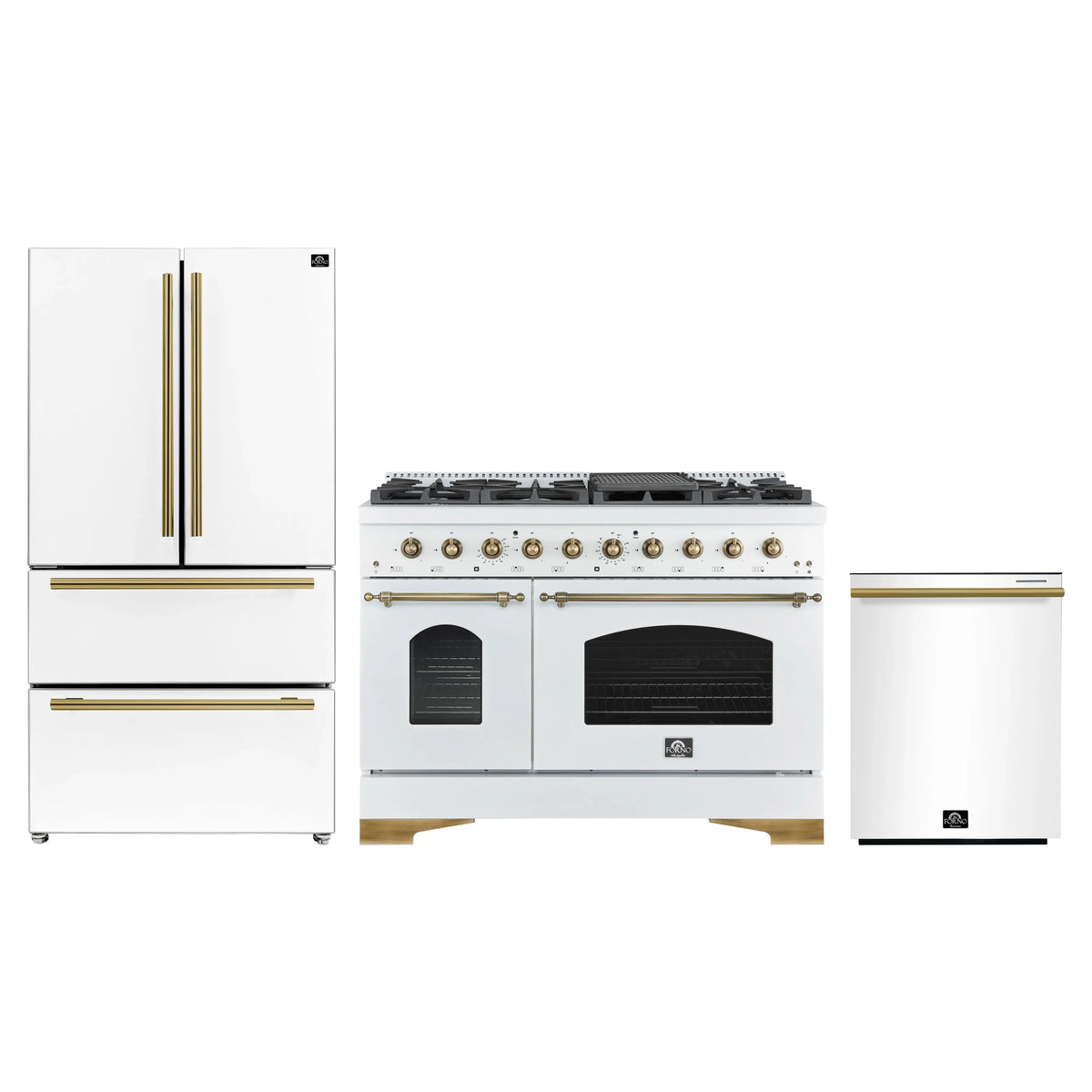 Forno Antico 3-Piece Appliance Package - 48-Inch Gas Range, 36-Inch Refrigerator, & 24-Inch Dishwasher in White with Antique Brass Trim