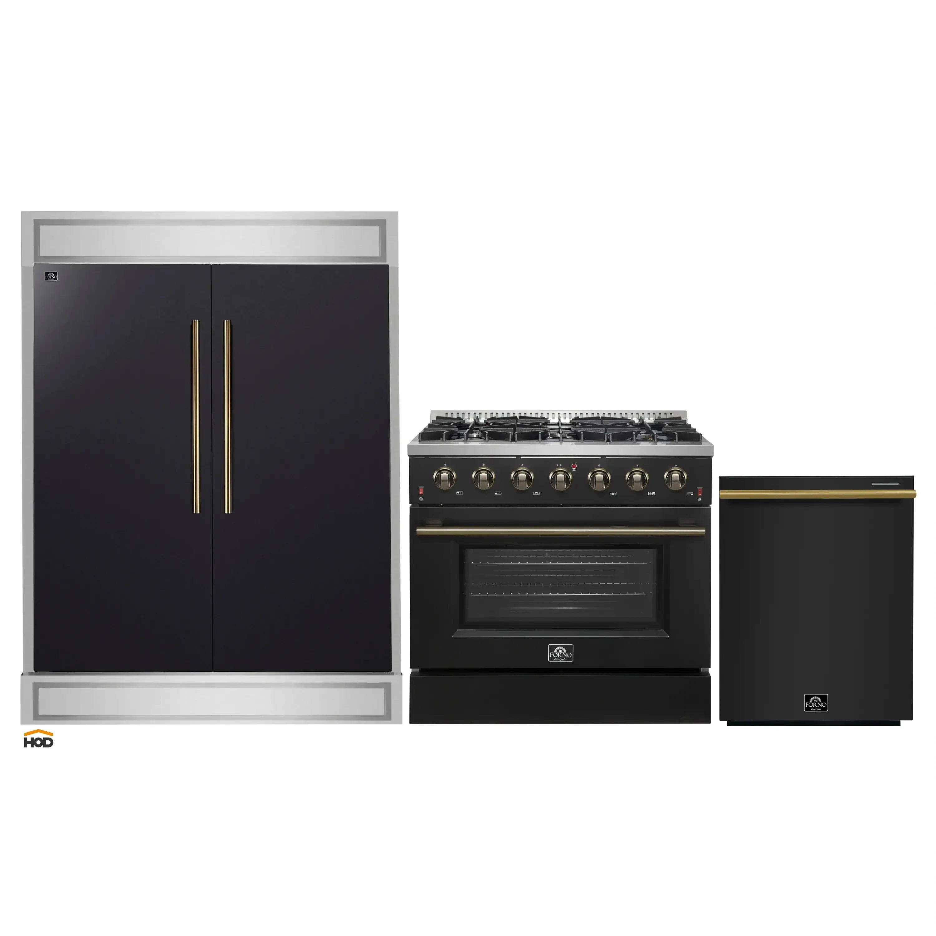 Forno black gas range with antique brass accents, paired with refrigerator and dishwasher
