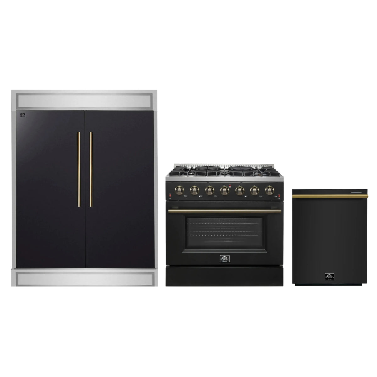 Forno 3-Piece Appliance Package - 36-Inch Gas Range, 60-Inch Convertible Refrigerator with Modern Trim, and Dishwasher in Black with Antique Brass Trim
