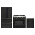 Forno Galiano 3-Piece Appliance Package - 36-Inch Gas Range, 36-Inch Refrigerator, & 24-Inch Dishwasher in Black with Antique Brass Trim