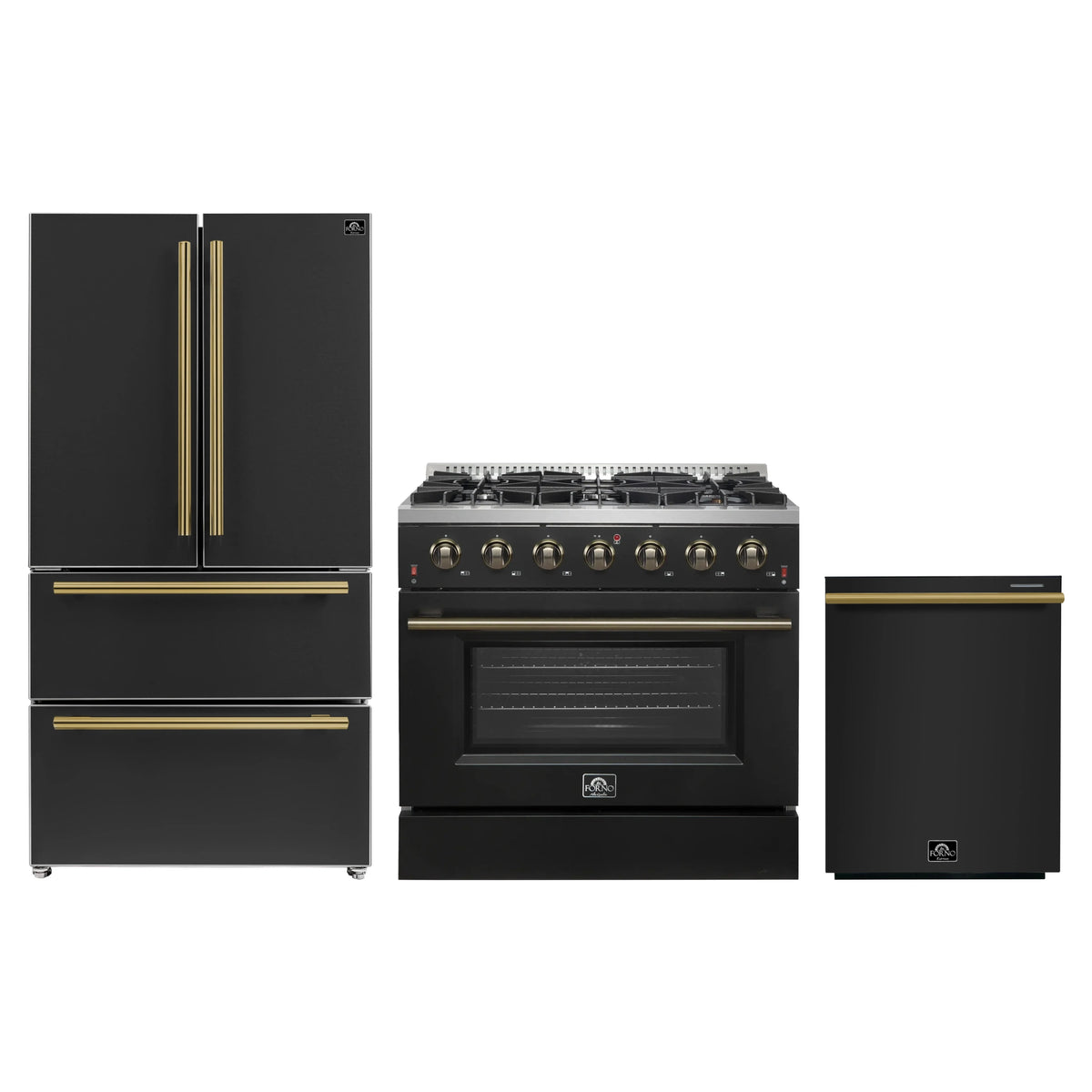 Forno Galiano 3-Piece Appliance Package - 36-Inch Gas Range, 36-Inch Refrigerator, & 24-Inch Dishwasher in Black with Antique Brass Trim