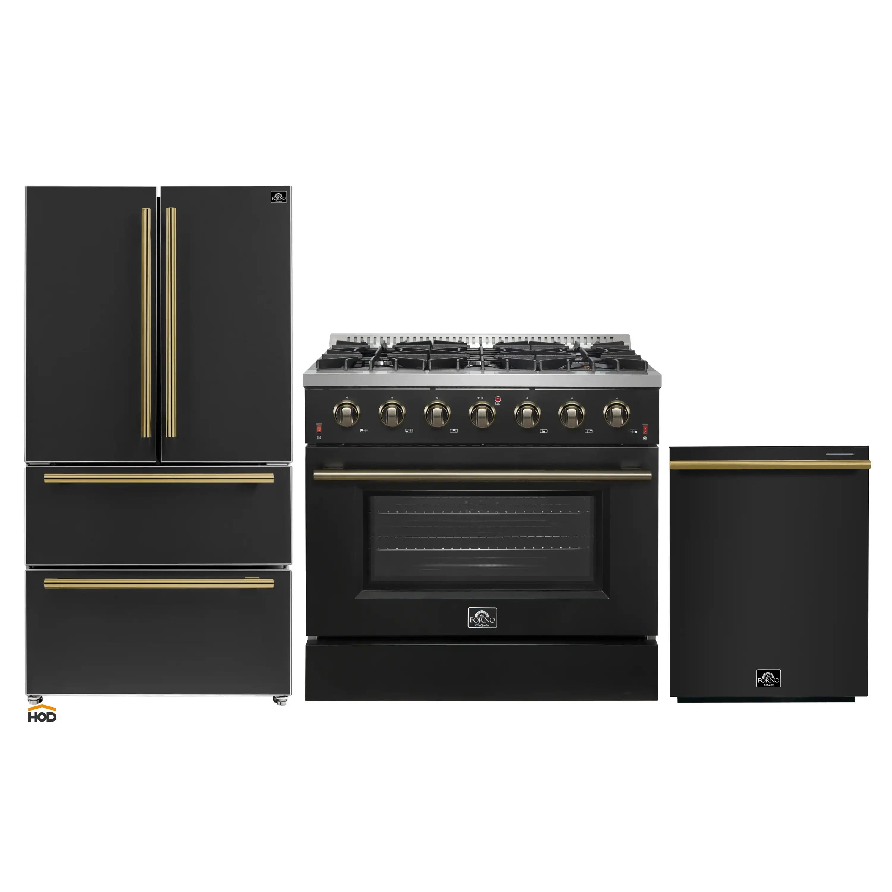 Black 3-piece kitchen appliance set with antique brass trim: range, refrigerator, dishwasher