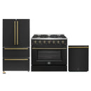 Forno Galiano 3-Piece Appliance Package - 36-Inch Gas Range, 36-Inch Refrigerator, & 24-Inch Dishwasher in Black with Antique Brass Trim