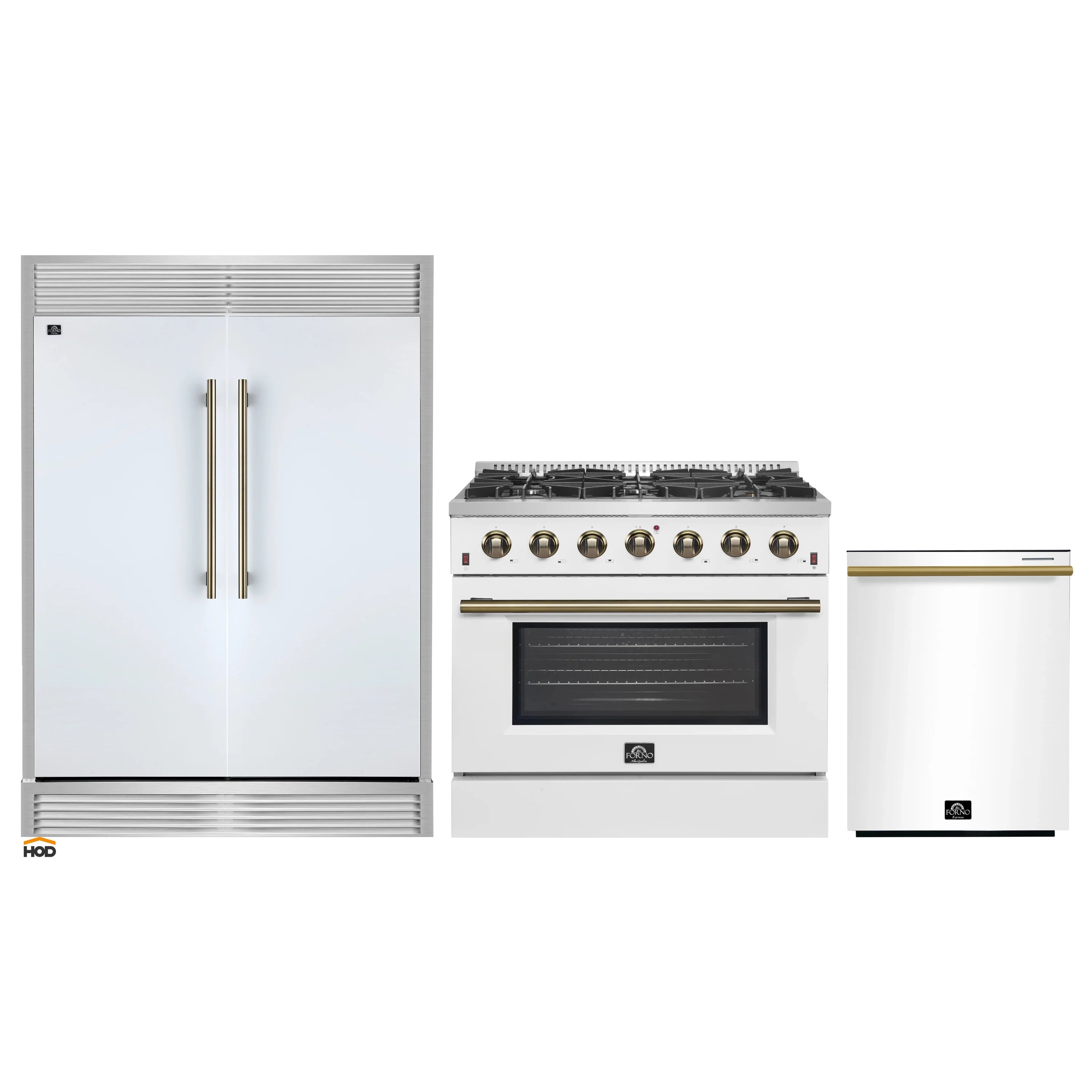 Appliance package: white refrigerator, 36-inch gas range, and white dishwasher with brass handle