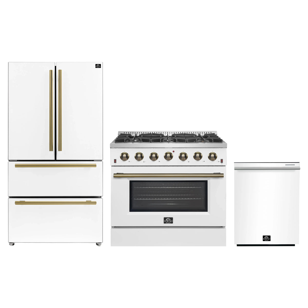 Forno Galiano 3-Piece Appliance Package - 36-Inch Gas Range, 36-Inch Refrigerator, & 24-Inch Dishwasher in White with Antique Brass Trim