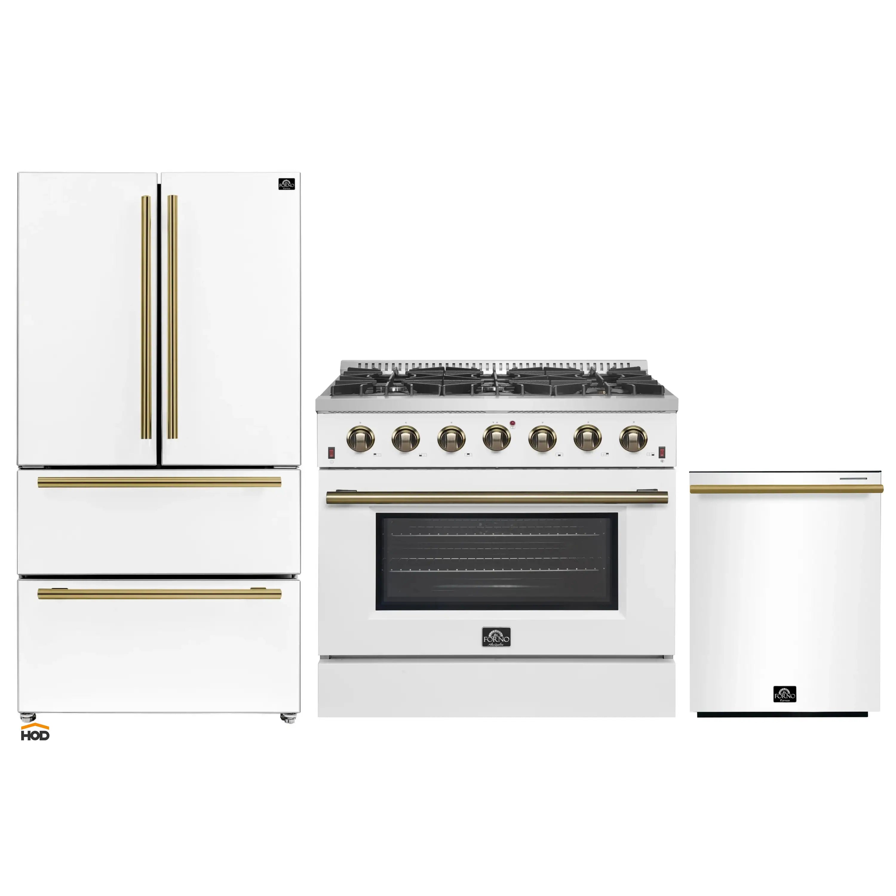 White appliance package set with refrigerator, gas range, and dishwasher with gold accents