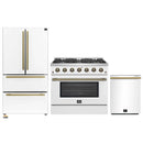 Forno Galiano 3-Piece Appliance Package - 36-Inch Gas Range, 36-Inch Refrigerator, & 24-Inch Dishwasher in White with Antique Brass Trim