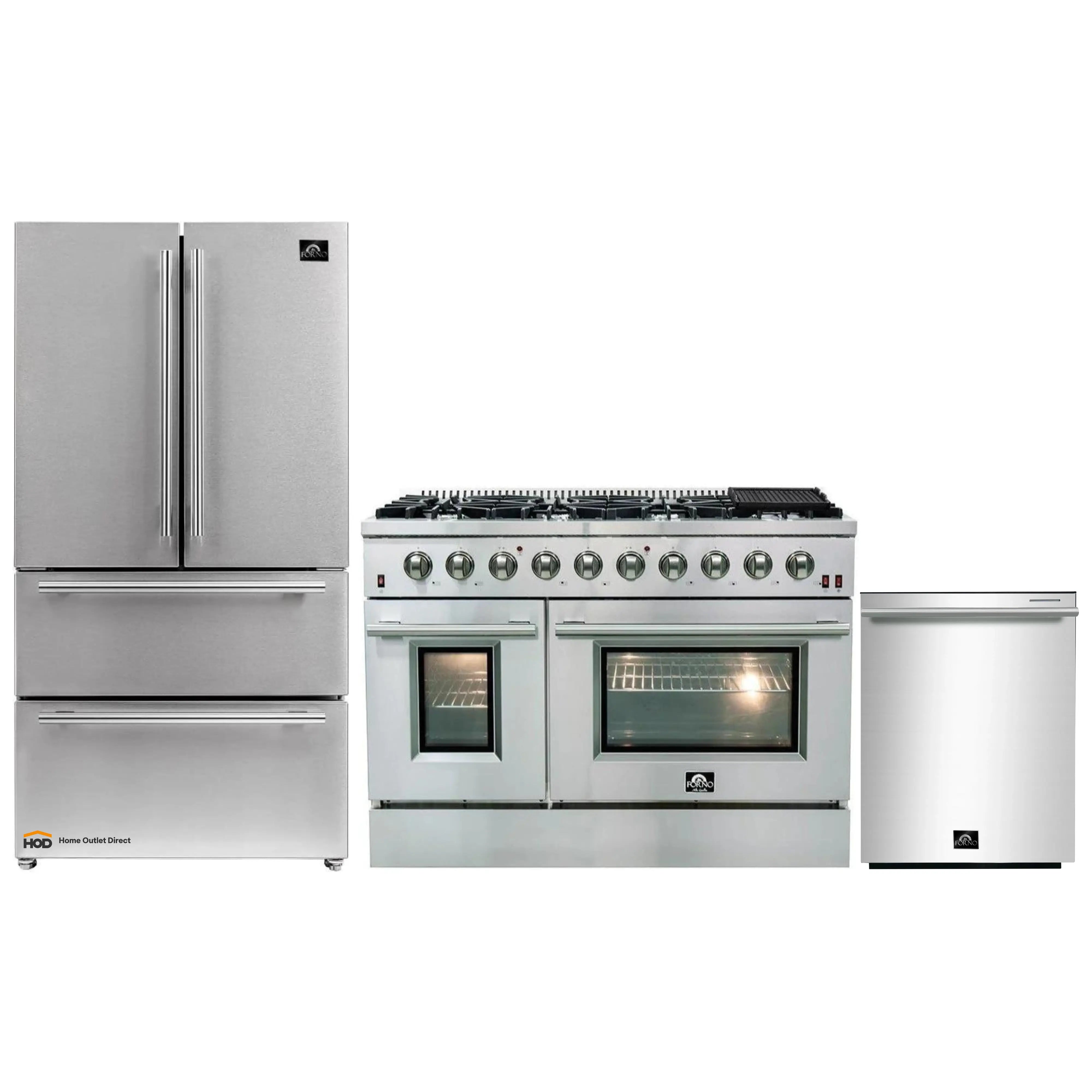 Forno 3-Piece Appliance Package - 48-Inch Gas Range, French Door Refrigerator, and Dishwasher in Stainless Steel