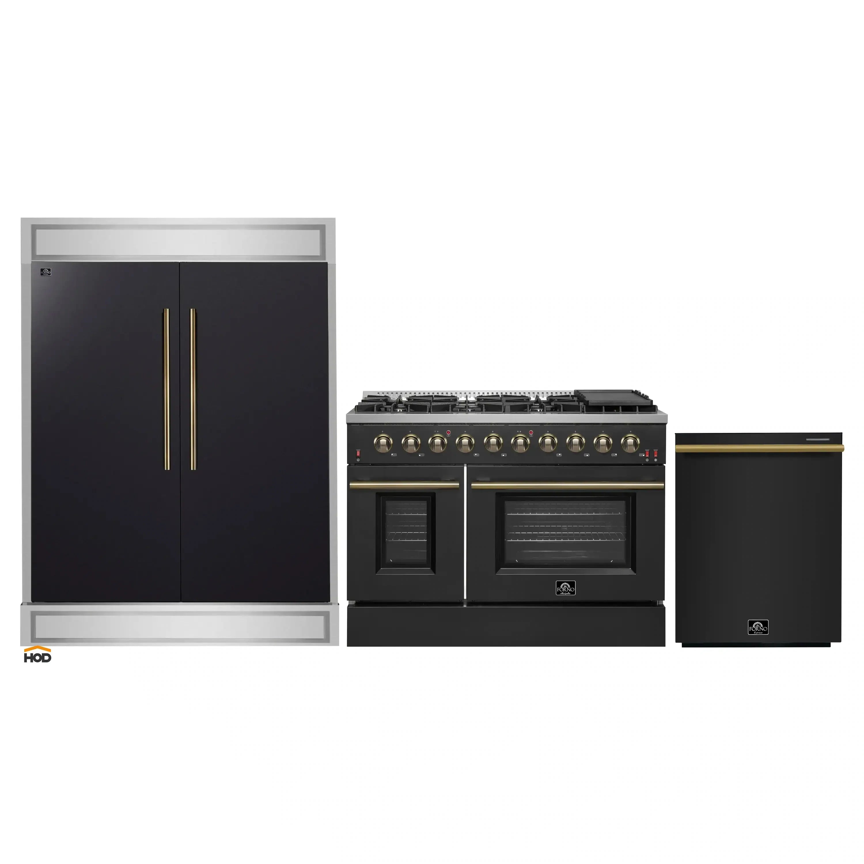 3-piece appliance package: black refrigerator, gas range, and dishwasher with brass accents