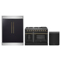 Forno 3-Piece Appliance Package - 48-Inch Gas Range, 60-Inch Convertible Refrigerator with Modern Trim, and Dishwasher in Black with Antique Brass Trim