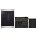 Forno 3-Piece Appliance Package - 48-Inch Gas Range, 60-Inch Convertible Refrigerator with Modern Trim, and Dishwasher in Black with Antique Brass Handle