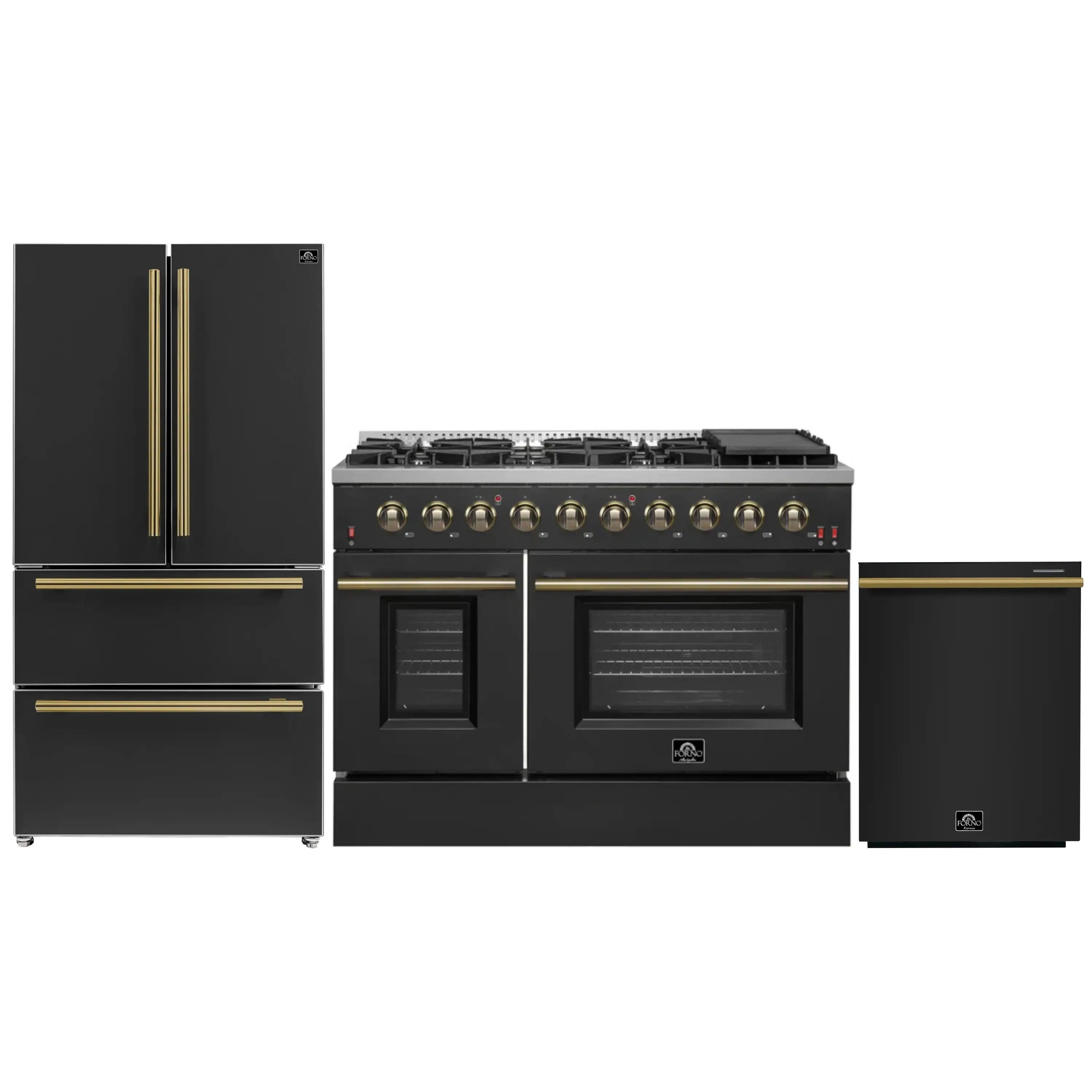 Black kitchen appliance package with antique brass-trimmed range, fridge, and dishwasher