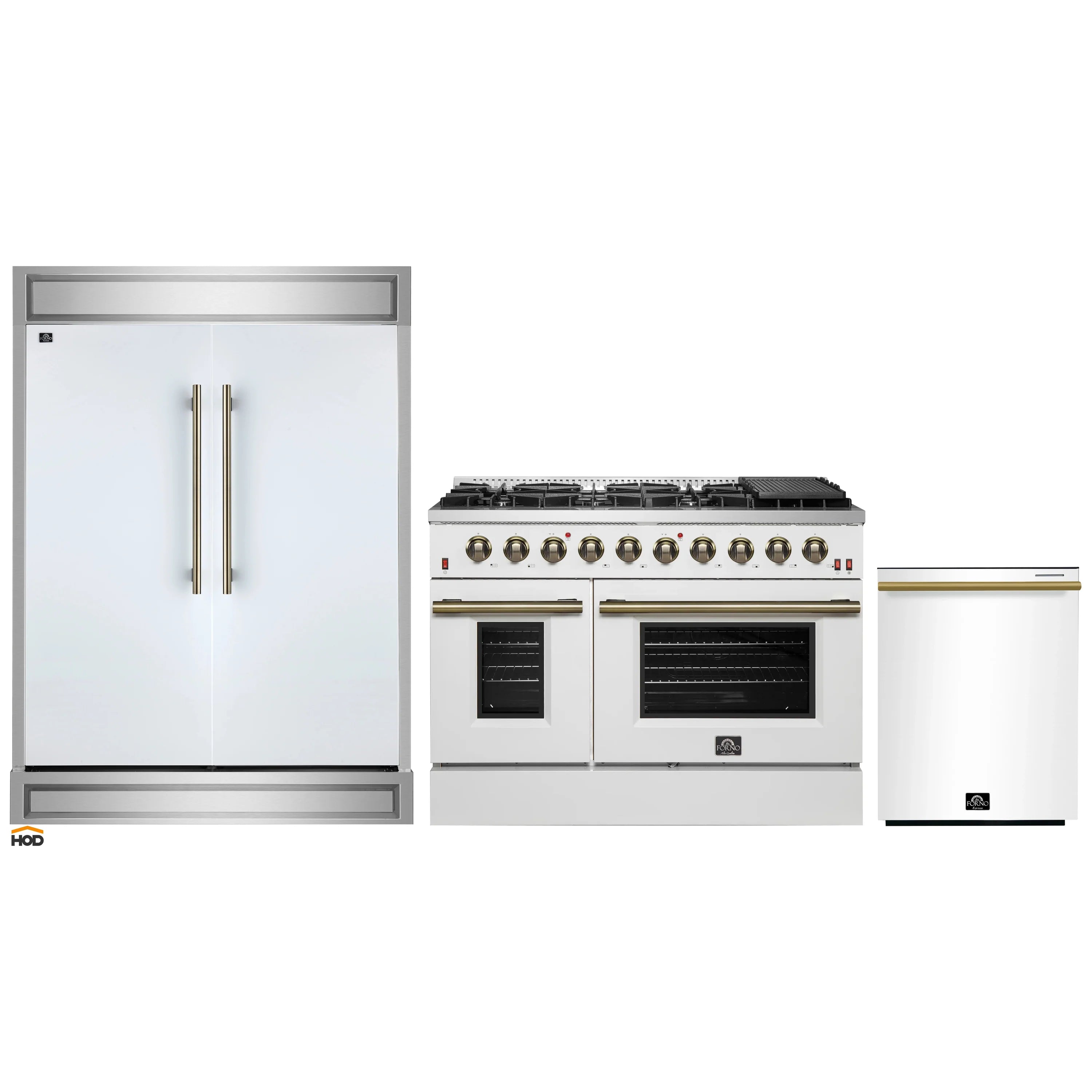 White three-piece kitchen appliance set: refrigerator, gas range, dishwasher