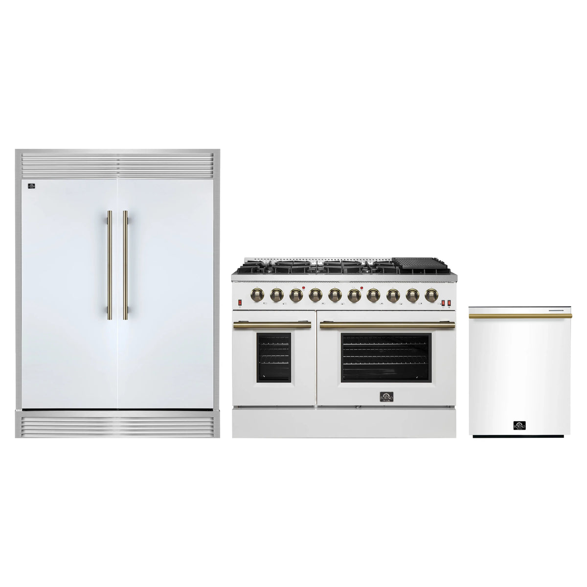 Forno 3-Piece Appliance Package - 48-Inch Galiano Gas Range, 60-Inch Refrigerator, Dishwasher in White with Antique Brass Trim