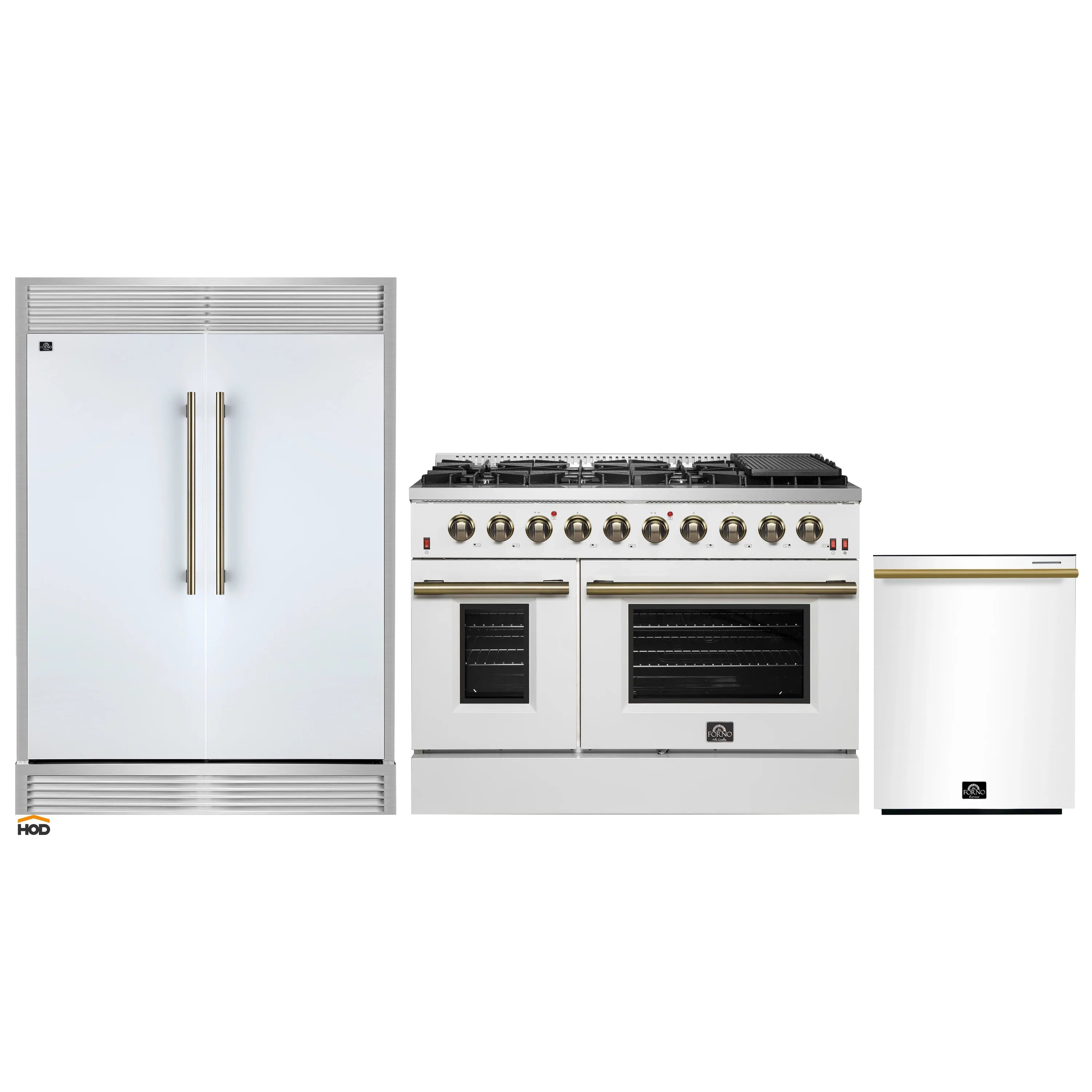 White 3-piece appliance set with antique brass accents: refrigerator, range, dishwasher