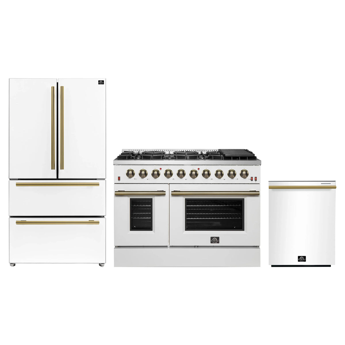 Forno Galiano 3-Piece Appliance Package - 48-Inch Gas Range, 36-Inch Refrigerator, & 24-Inch Dishwasher in White with Antique Brass Trim