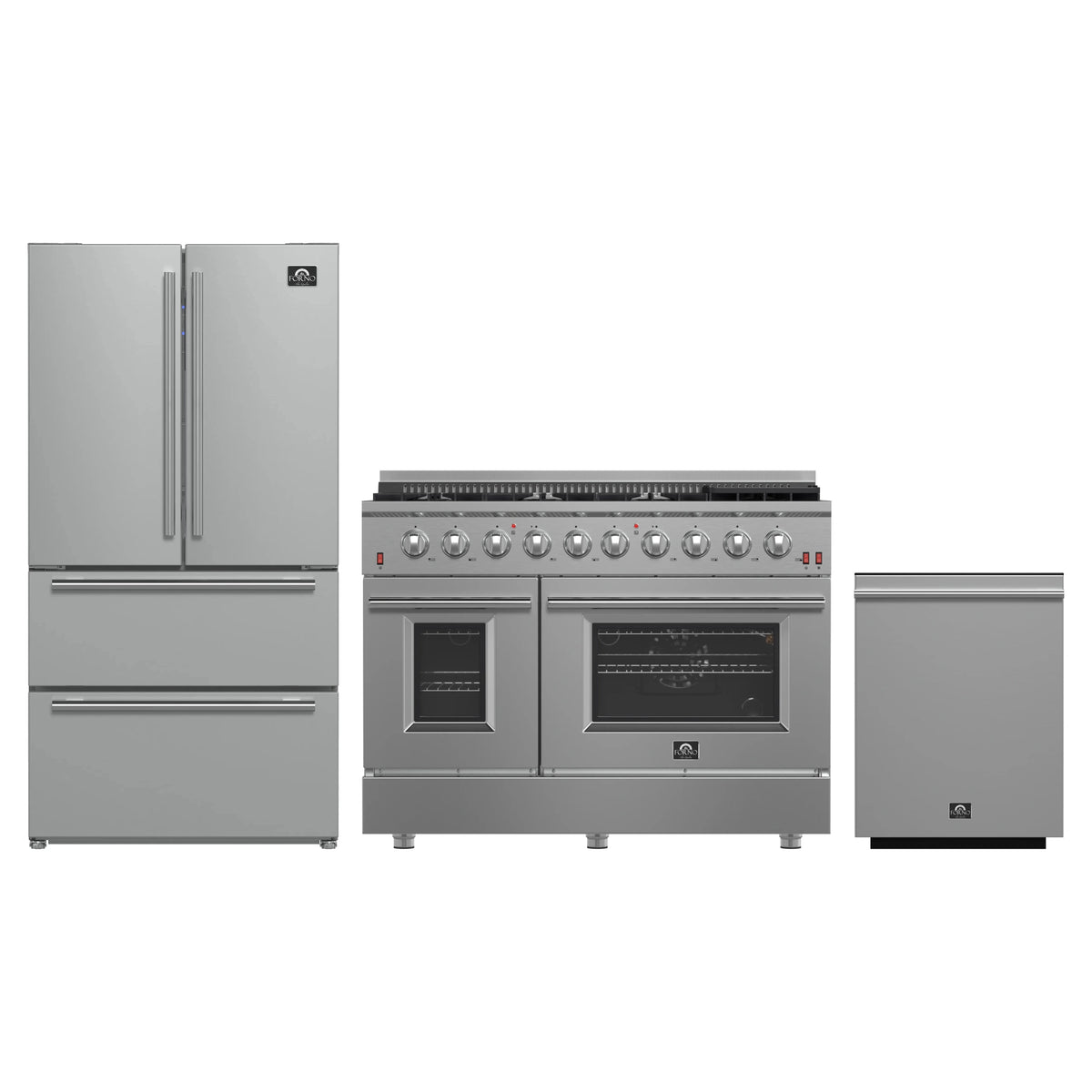 Forno 3-Piece Appliance Package - 48-Inch Gas Range, French Door Refrigerator, and Dishwasher in Stainless Steel