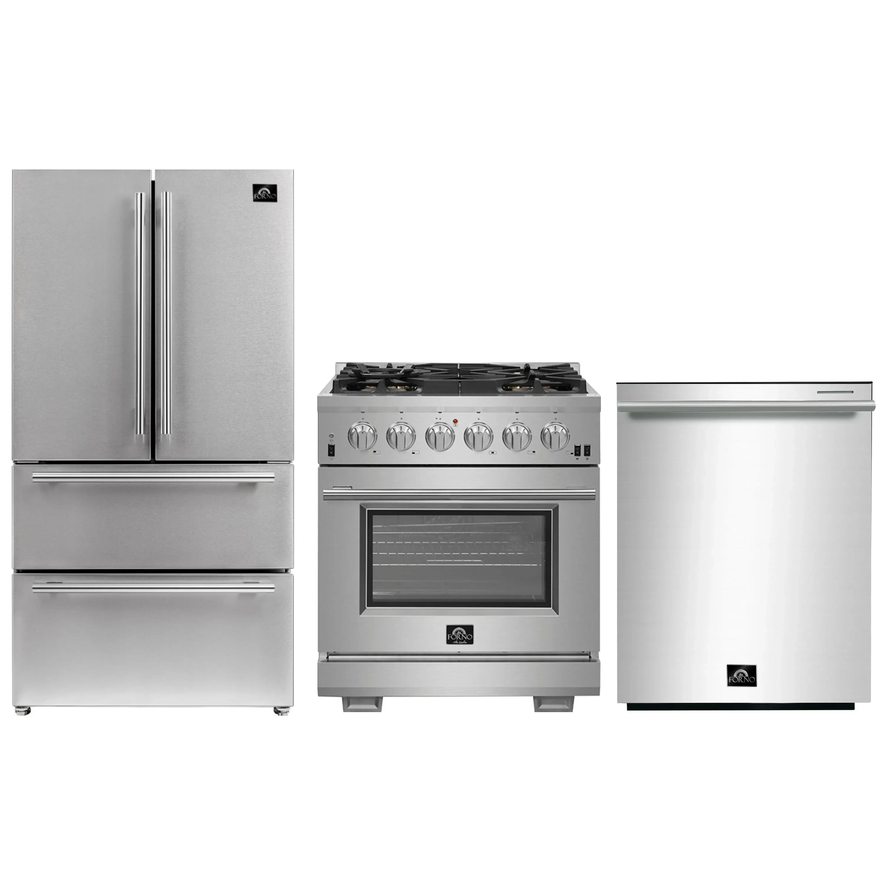 Stainless steel 3-piece appliance set with refrigerator, gas range, and dishwasher