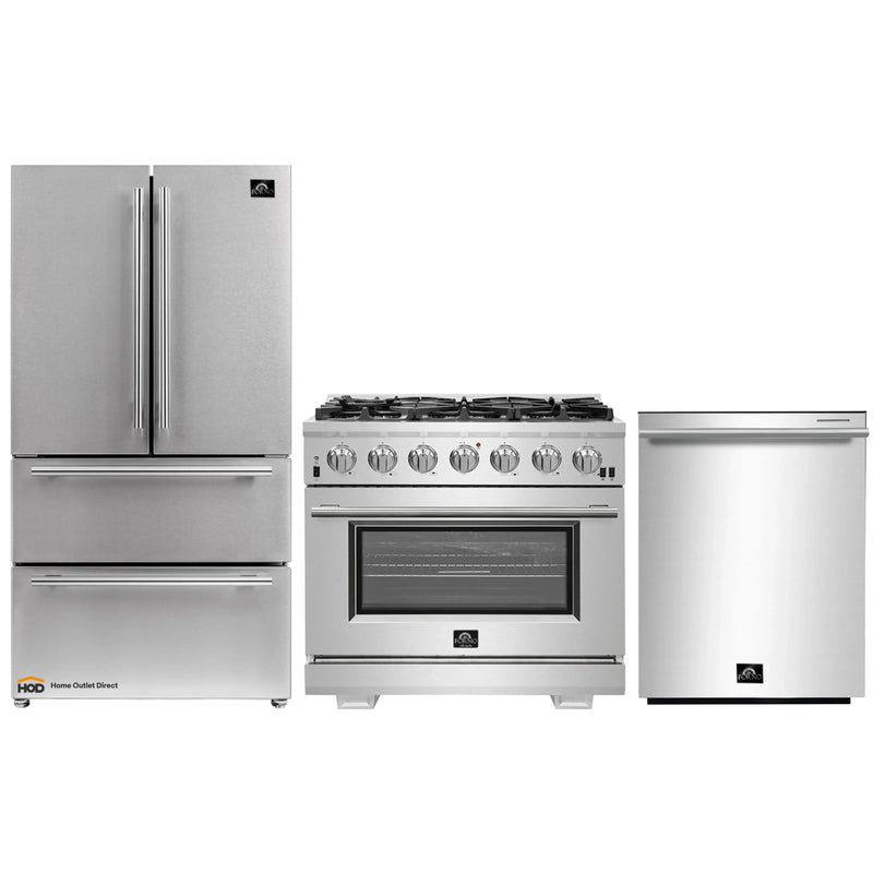 Forno 3-Piece Pro Appliance Package - 36-Inch Gas Range, French Door Refrigerator, and Dishwasher in Stainless Steel