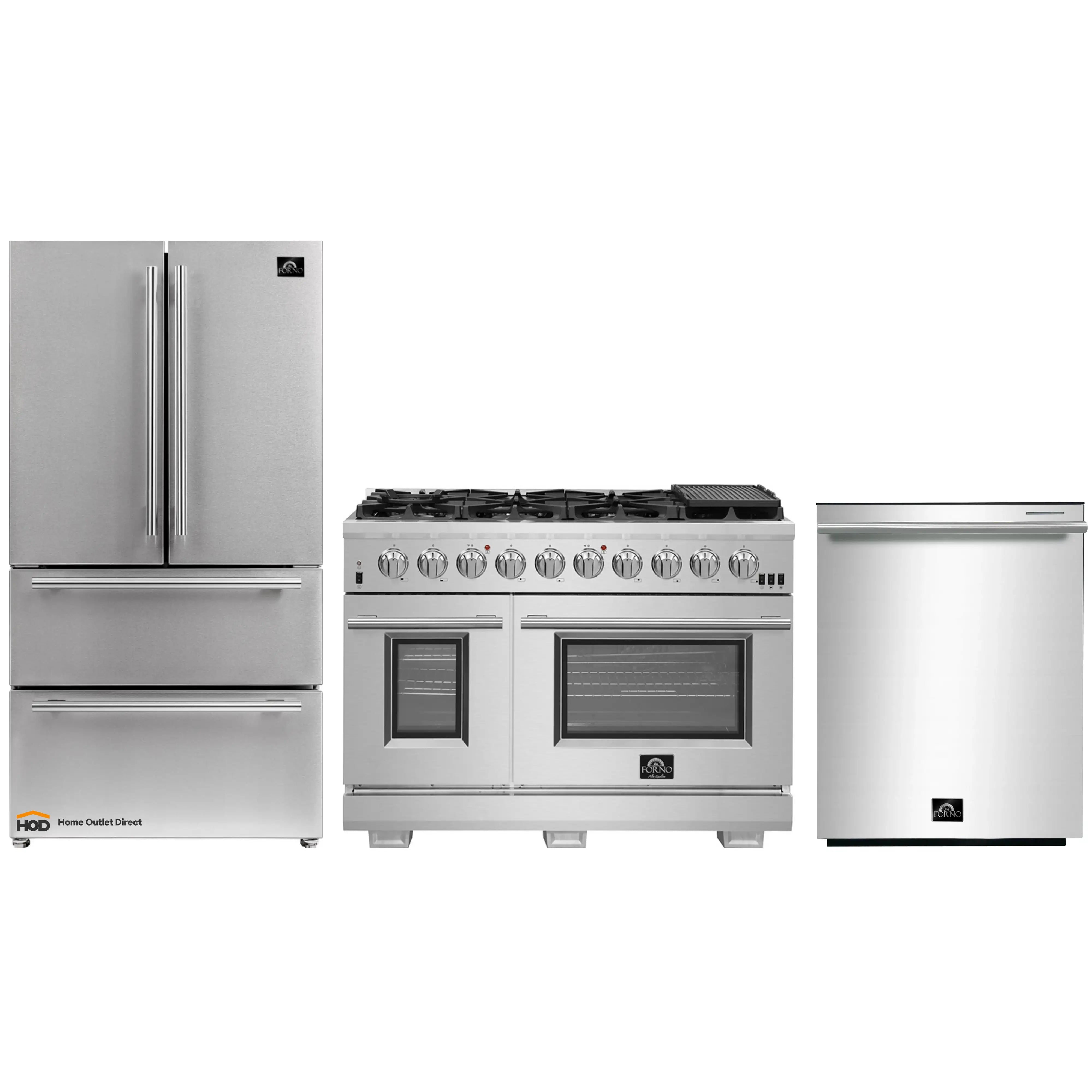 Forno 3-Piece Pro Appliance Package - 48-Inch Gas Range, French Door Refrigerator, and Dishwasher in Stainless Steel
