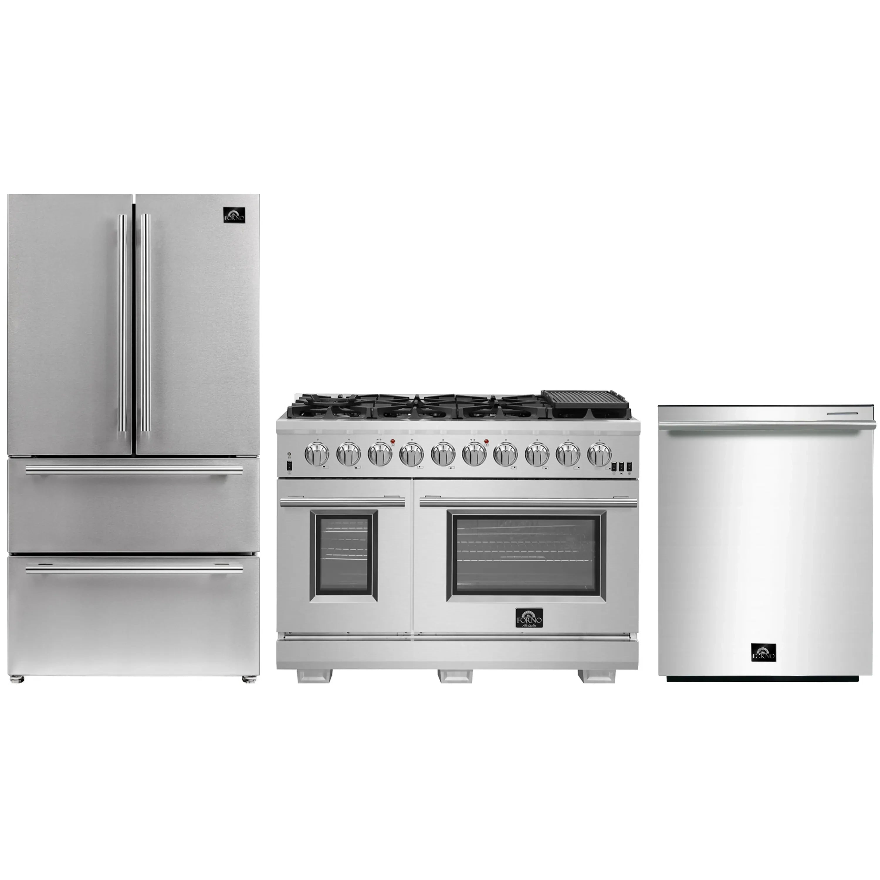 Stainless steel appliance package with refrigerator, gas range, and dishwasher