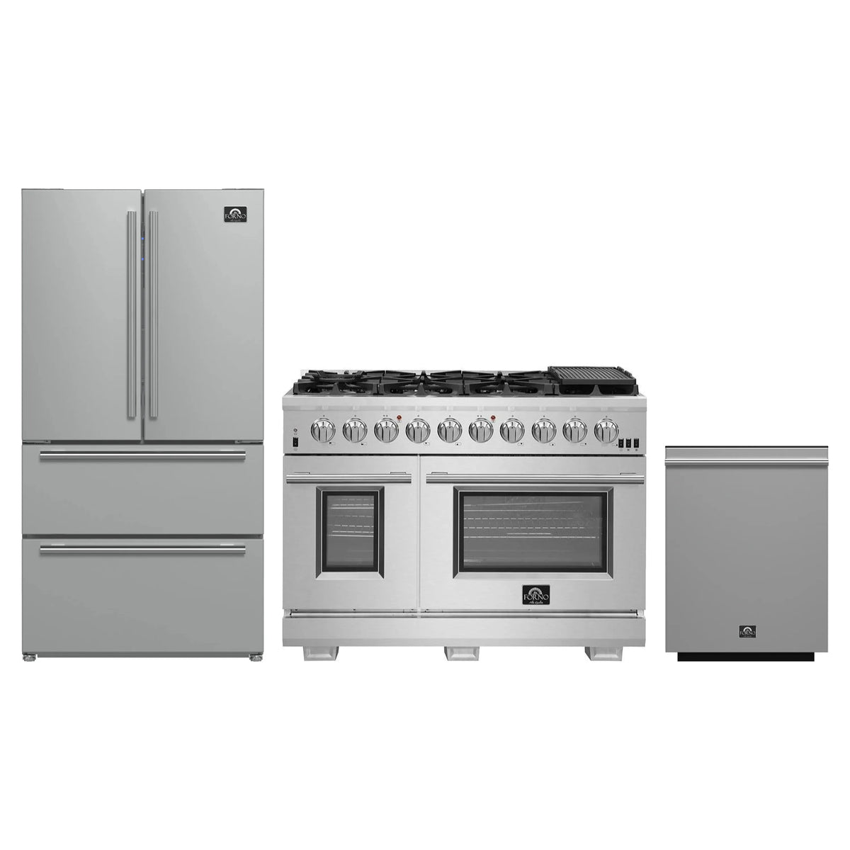Forno 3-Piece Pro Appliance Package - 48-Inch Gas Range, French Door Refrigerator, and Dishwasher in Stainless Steel