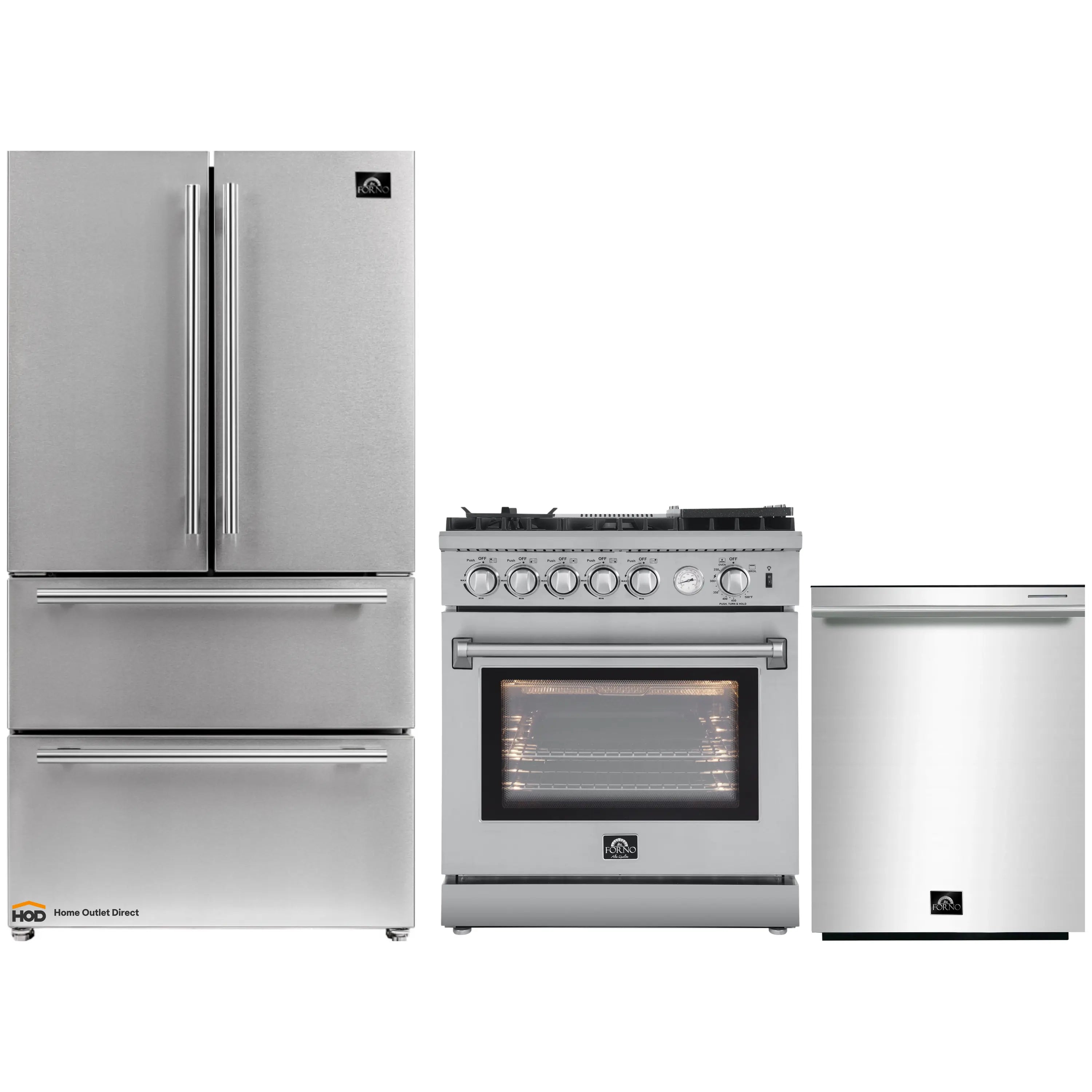 Stainless steel 3-piece appliance set: refrigerator, gas range, and dishwasher