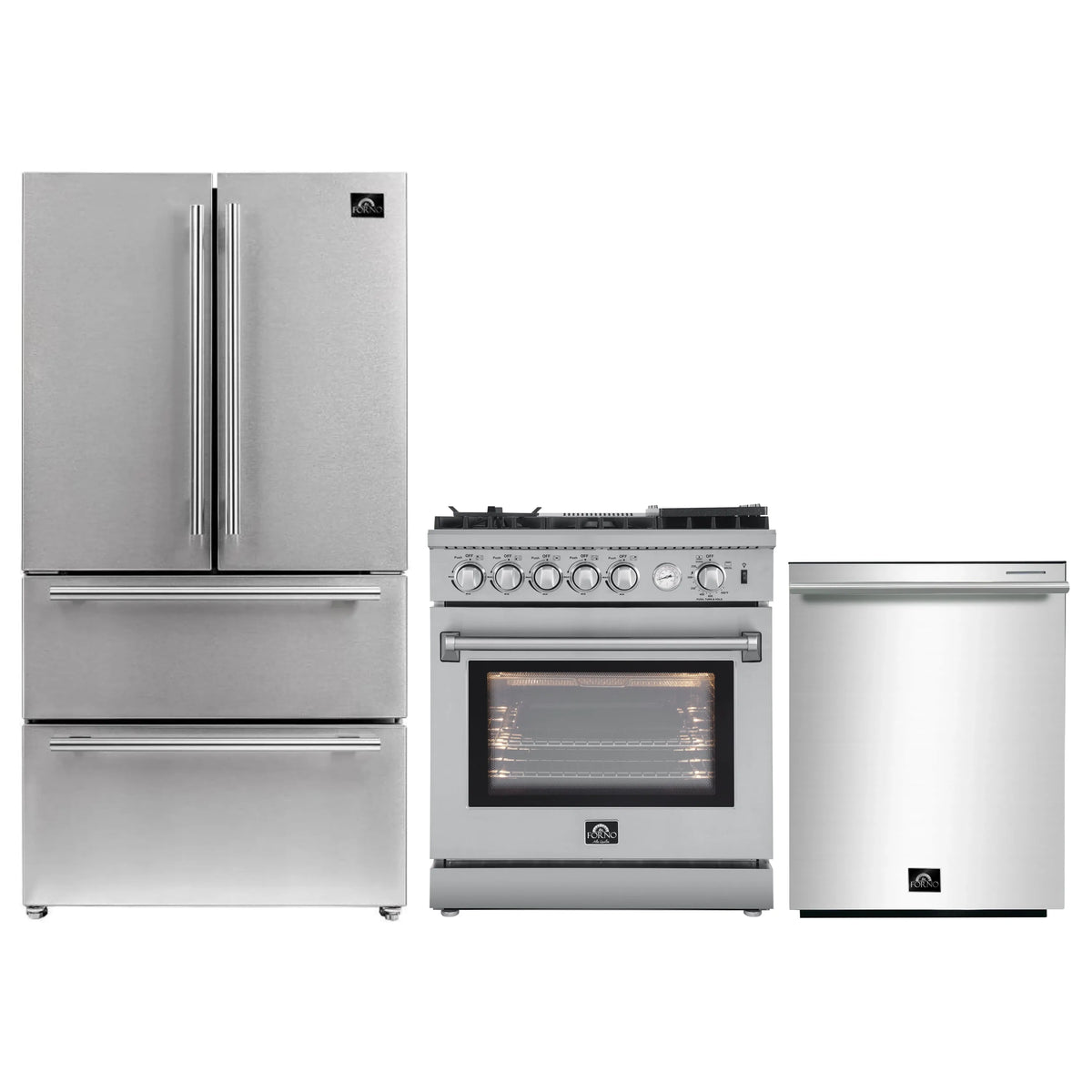 Forno 3-Piece Appliance Package - 30-Inch Gas Range with Air Fryer, French Door Refrigerator, and Dishwasher in Stainless Steel