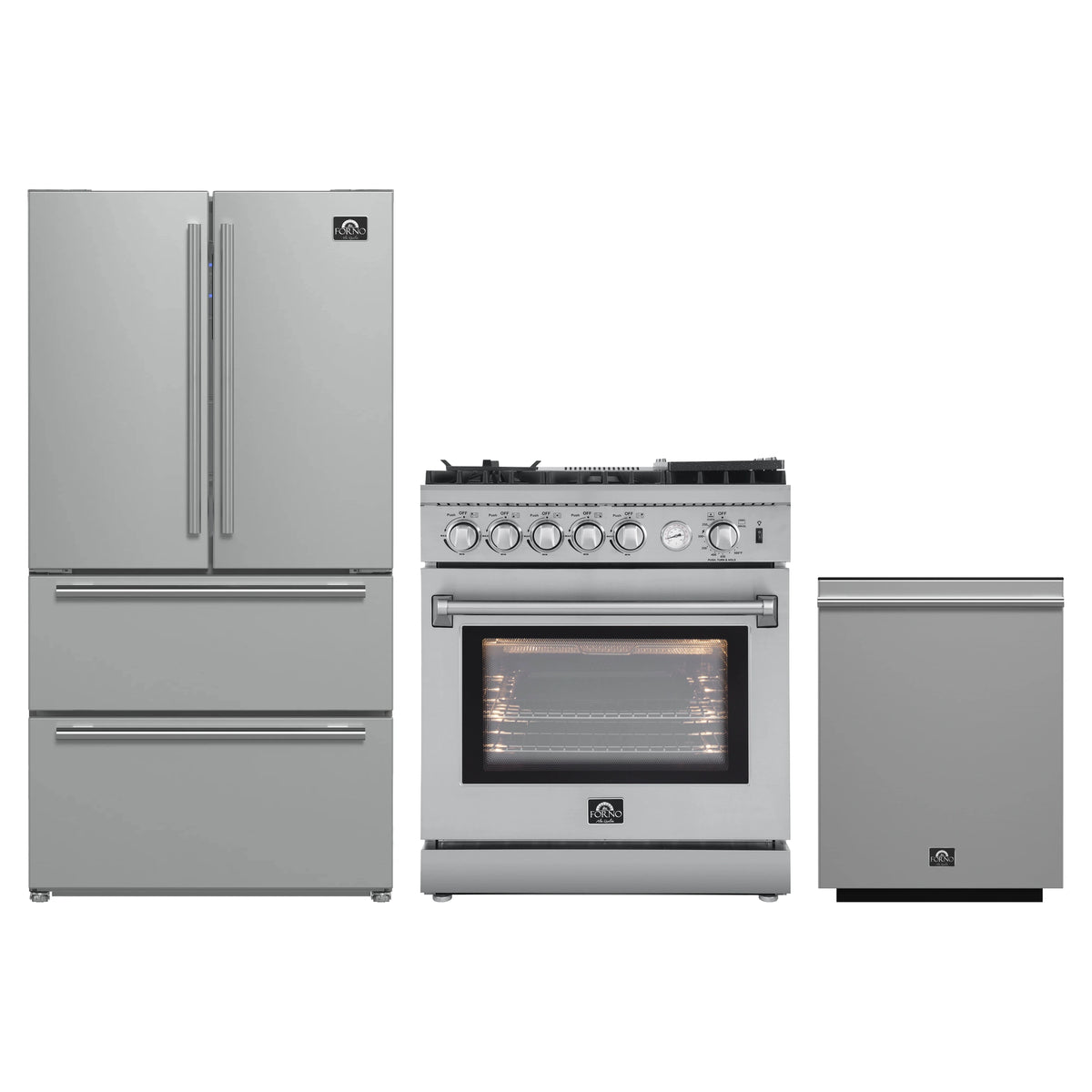 Forno 3-Piece Appliance Package - 30-Inch Gas Range with Air Fryer, French Door Refrigerator, and Dishwasher in Stainless Steel