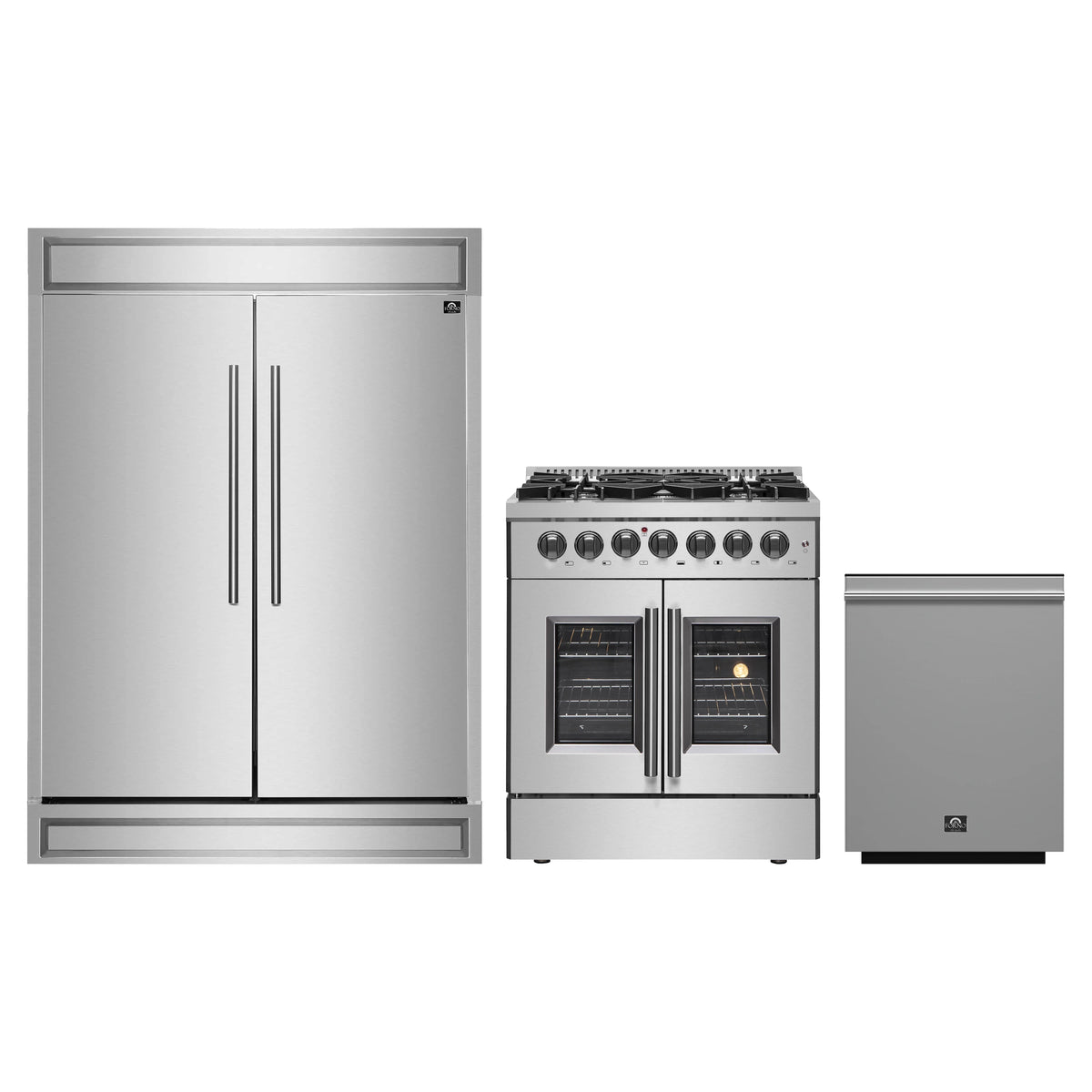 Forno 3-Piece Appliance Package - 30-Inch Galiano French Door Dual Fuel Range, 60-Inch Refrigerator, and Dishwasher in Stainless Steel