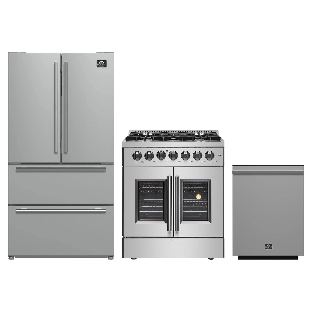 Forno 3-Piece Appliance Package - 30-Inch Galiano French Door Dual Fuel Range, 36-Inch Refrigerator, and Dishwasher in Stainless Steel